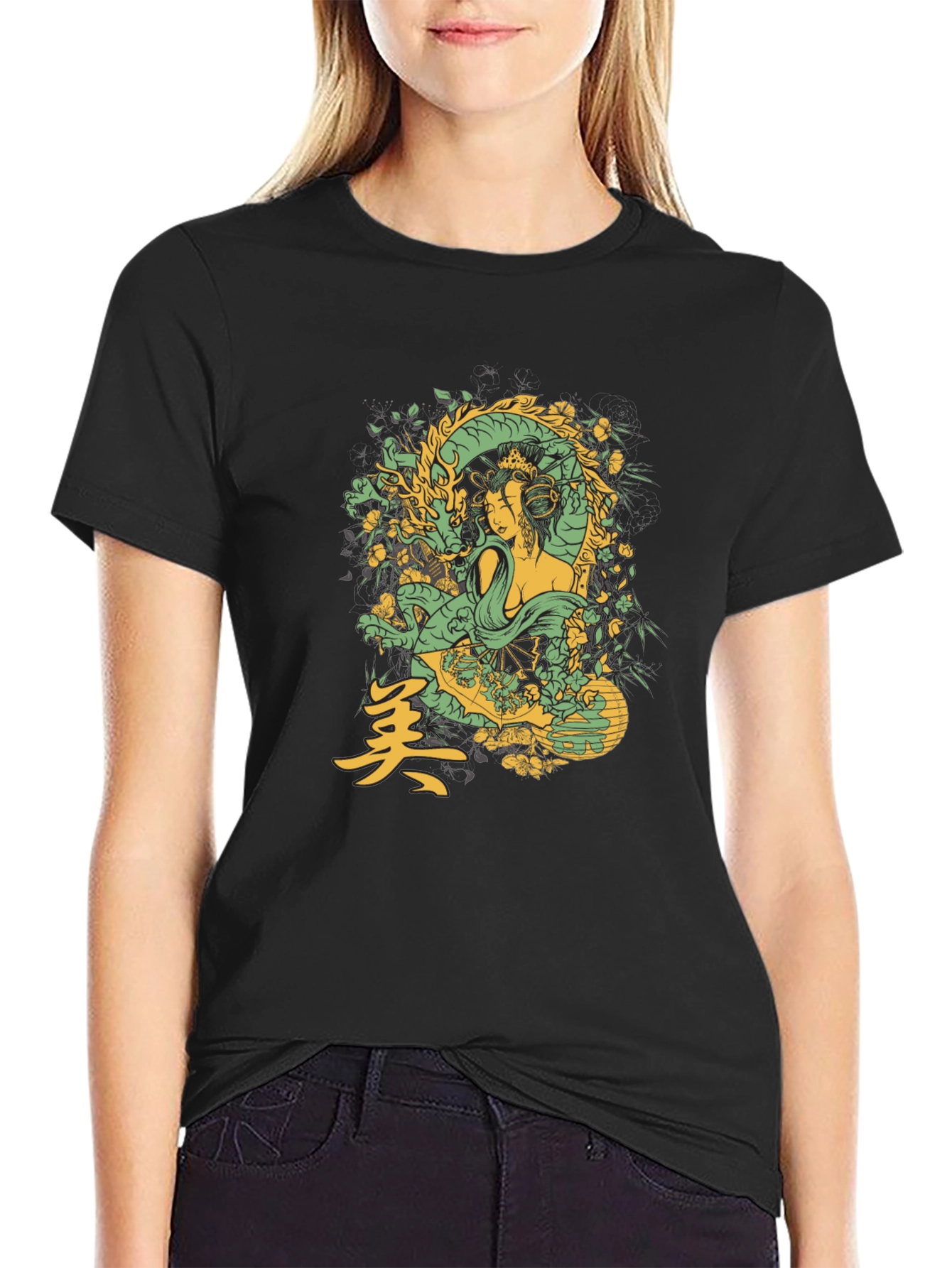 Geisha Dragon Graphic Tee - Black Cotton T-Shirt