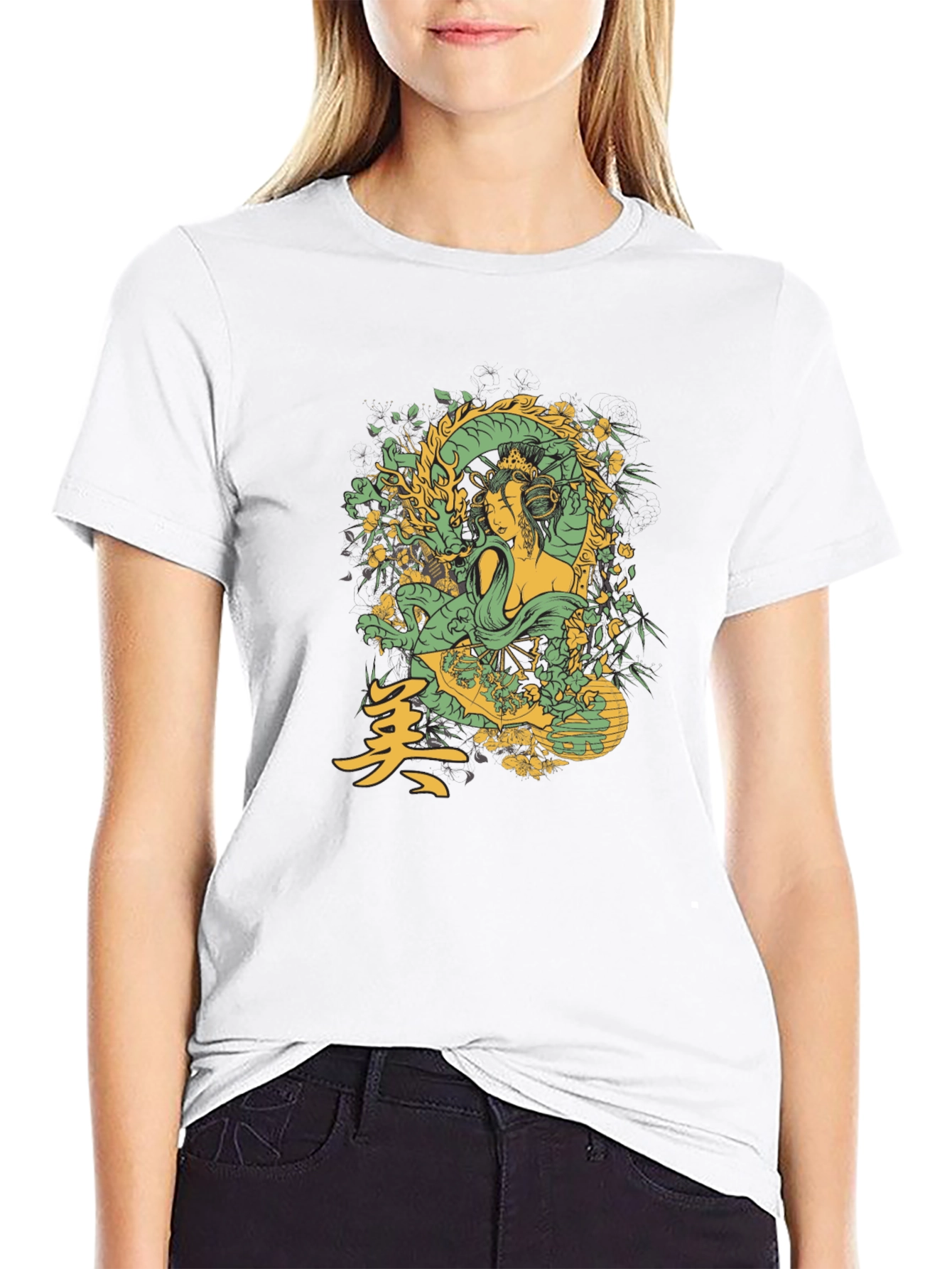 Geisha Dragon Graphic Tee - Black Cotton T-Shirt