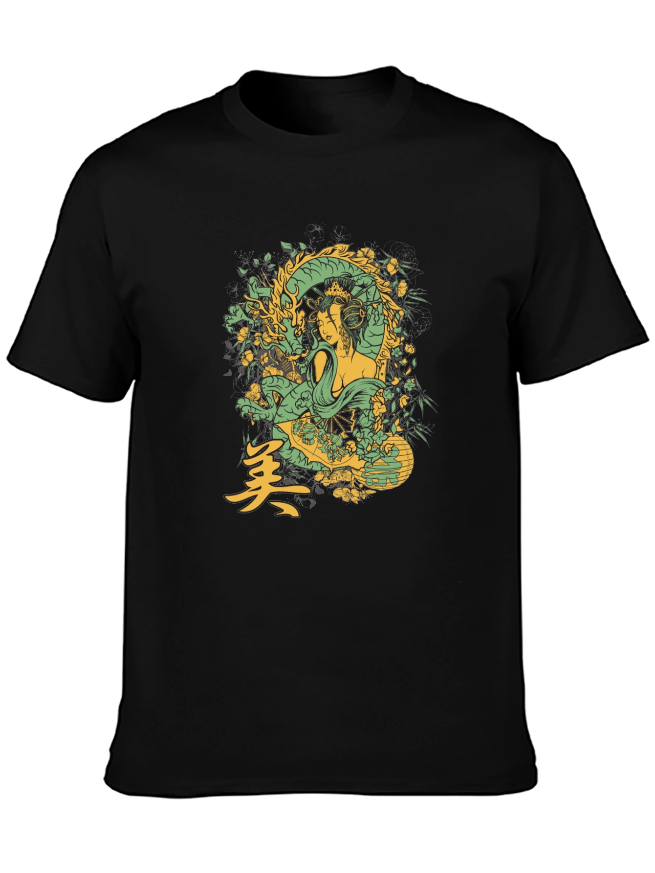 Geisha Dragon Graphic Tee - Black Cotton T-Shirt