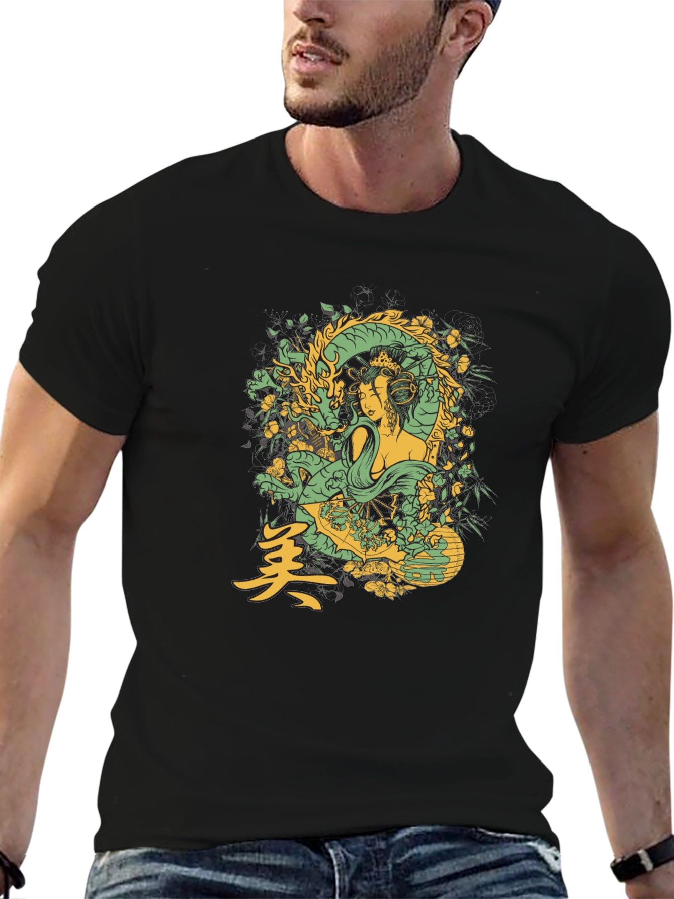 Geisha Dragon Graphic Tee - Black Cotton T-Shirt