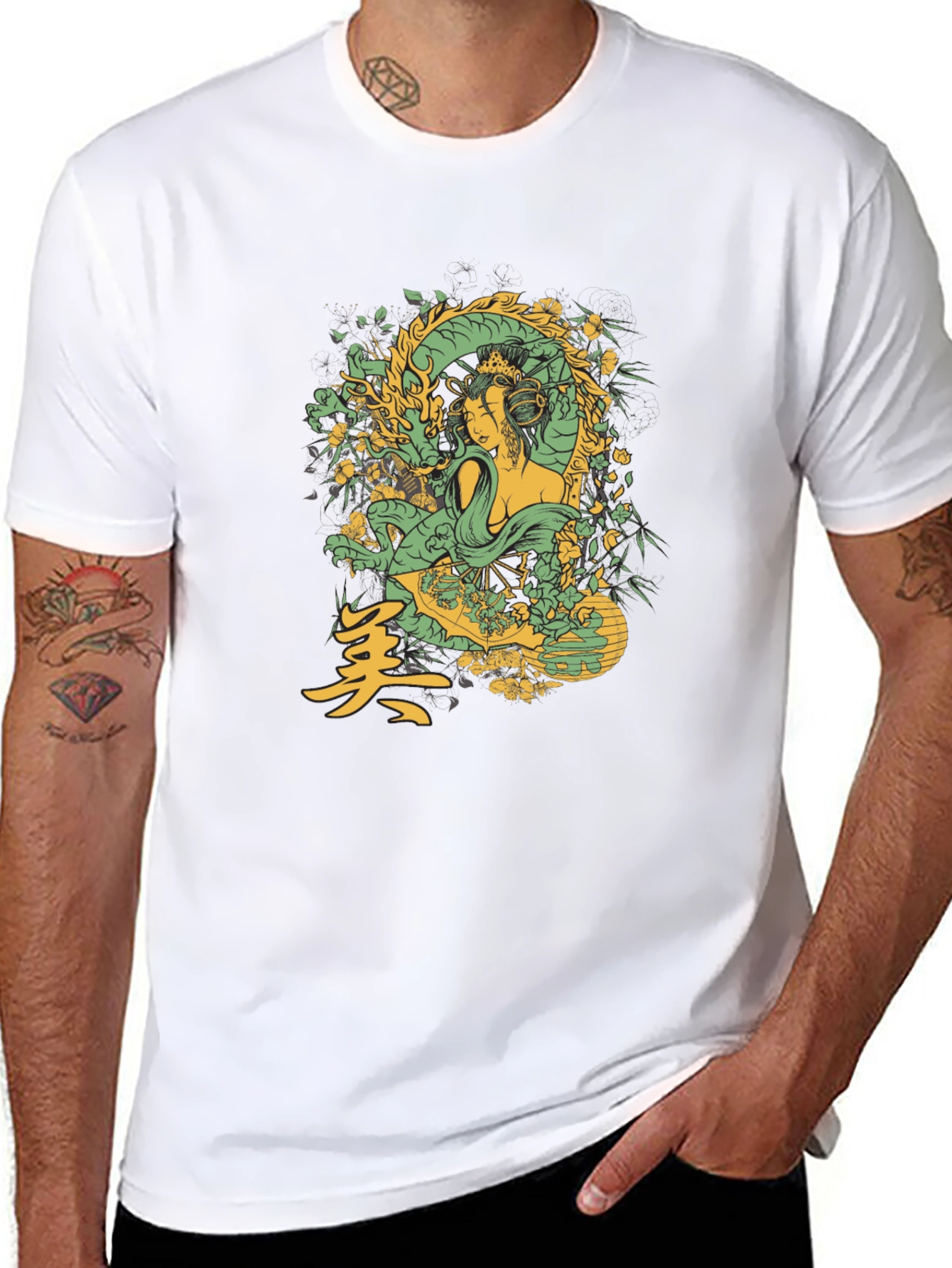 Geisha Dragon Graphic Tee - Black Cotton T-Shirt