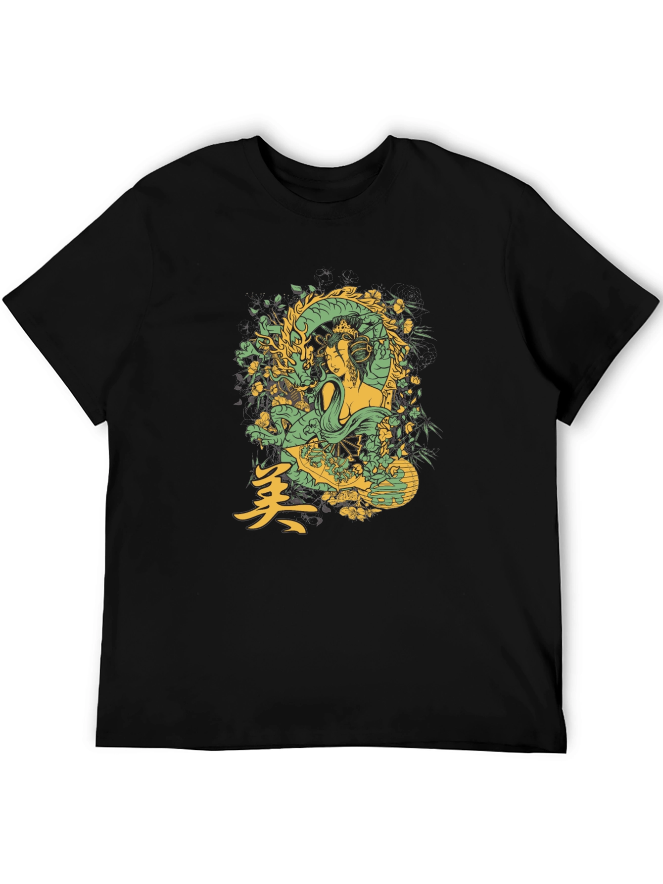 Geisha Dragon Graphic Tee - Black Cotton T-Shirt