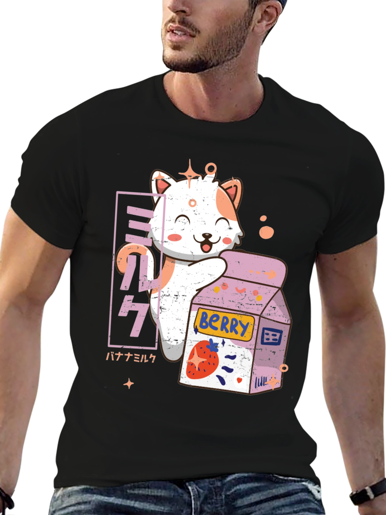 Kawaii Cat & Berry Milk T-Shirt