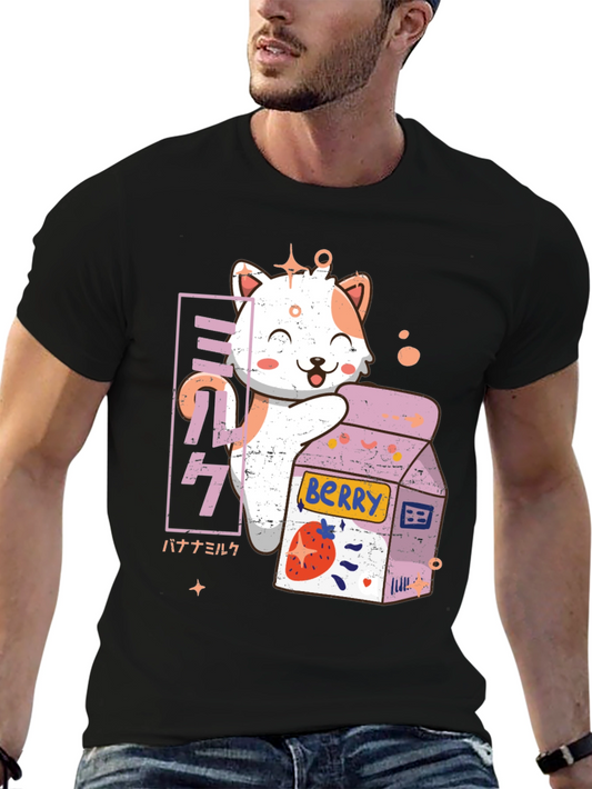 Kawaii Cat & Berry Milk T-Shirt