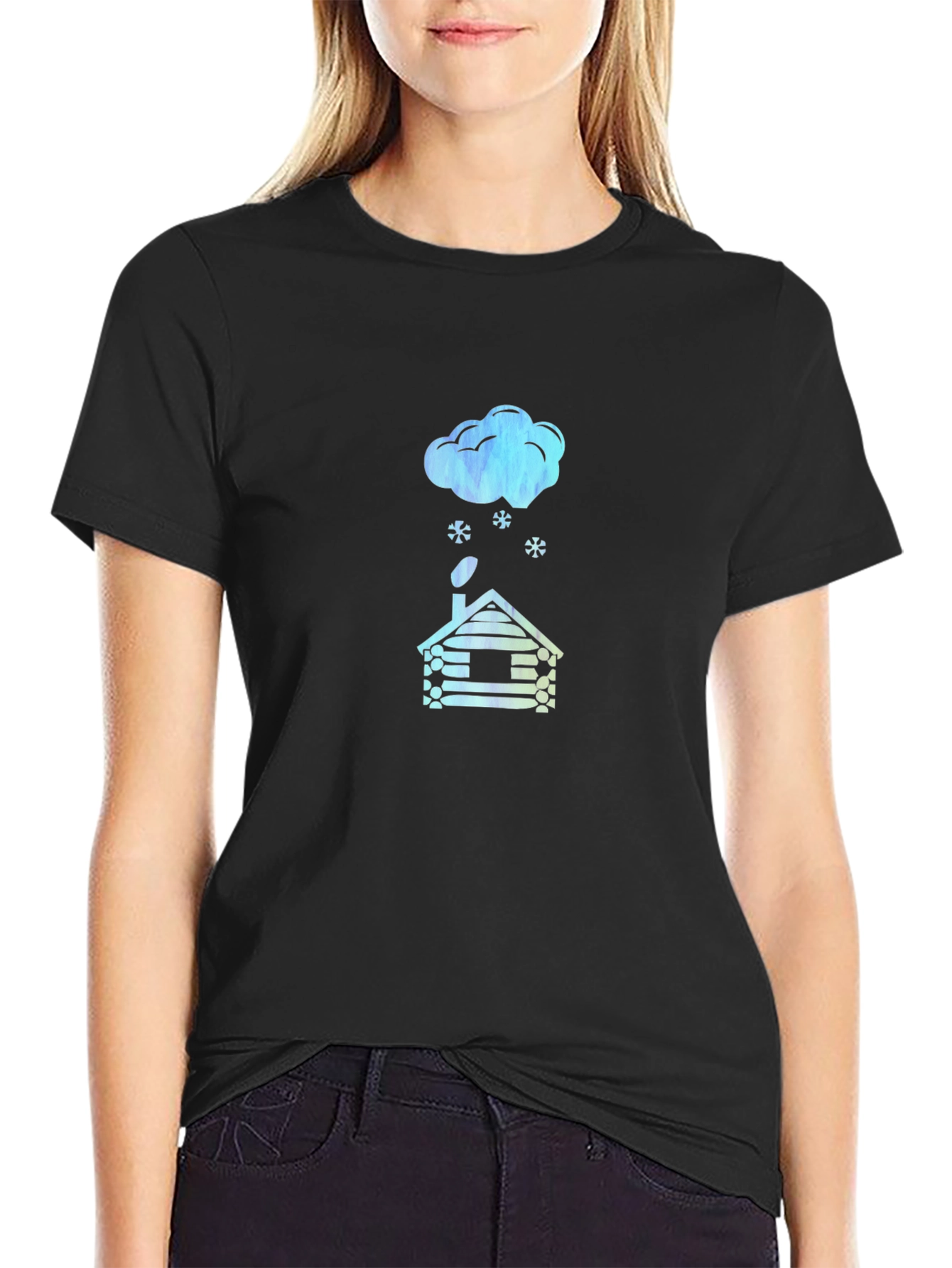 Cabin in Winter Black T-Shirt