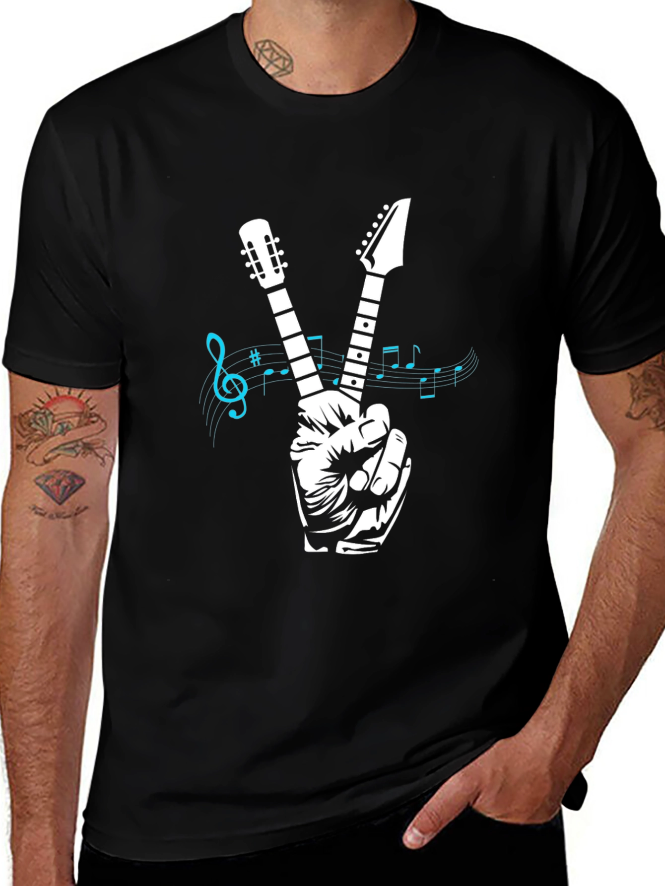 Guitar Peace Sign Graphic T-Shirt - Black