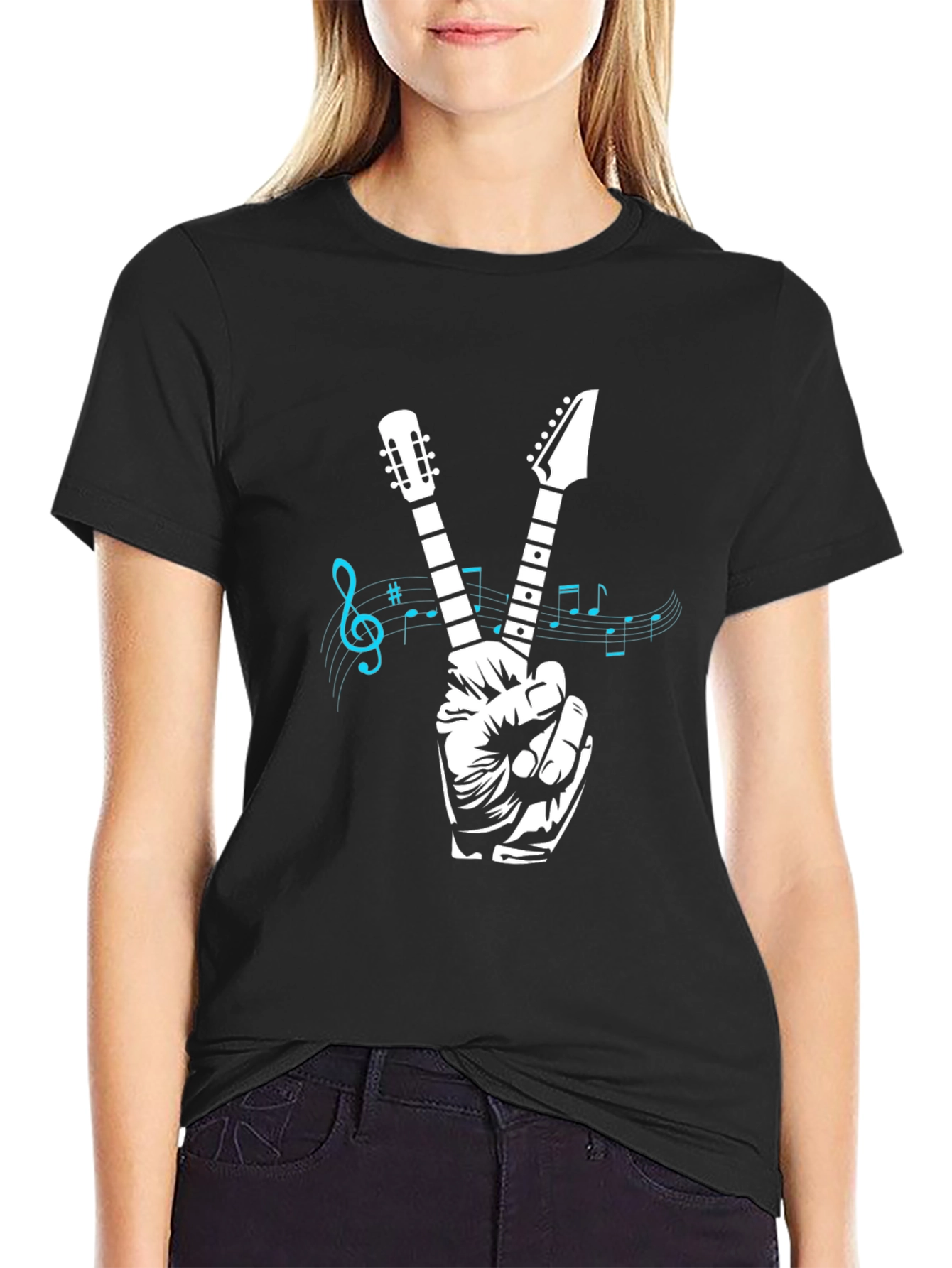 Guitar Peace Sign Graphic T-Shirt - Black
