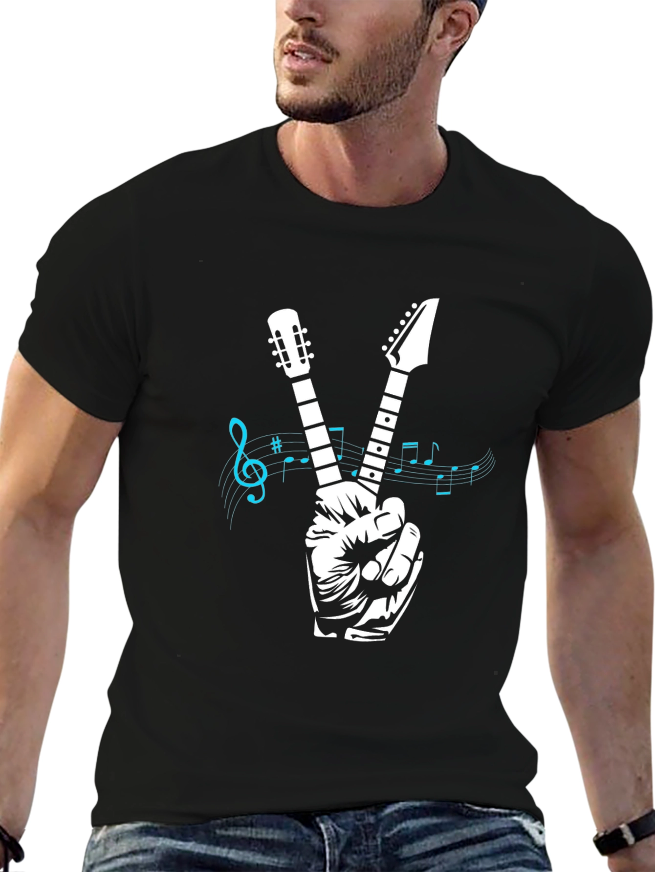 Guitar Peace Sign Graphic T-Shirt - Black