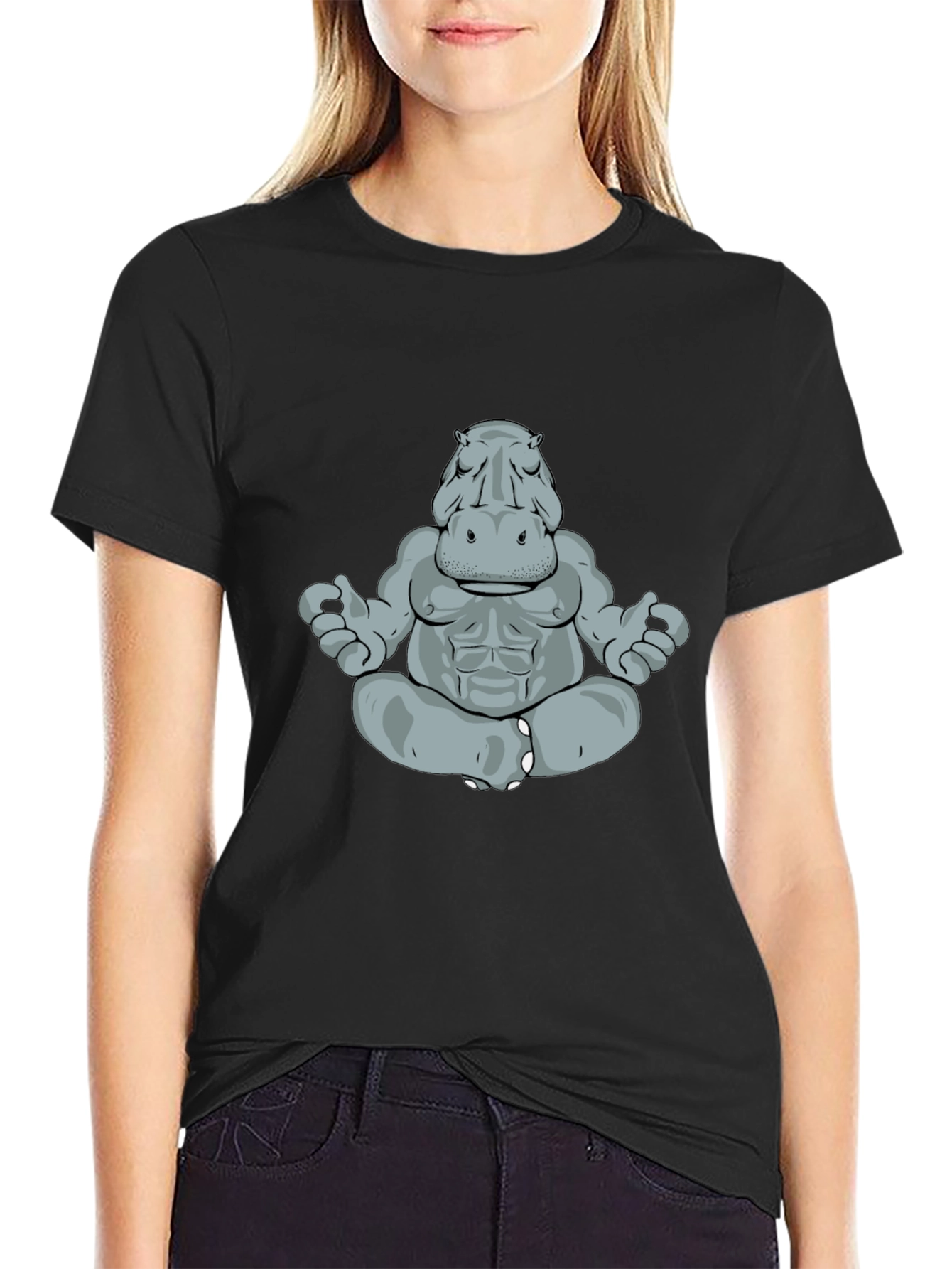 Meditating Hippo Graphic Tee - Black Cotton T-Shirt