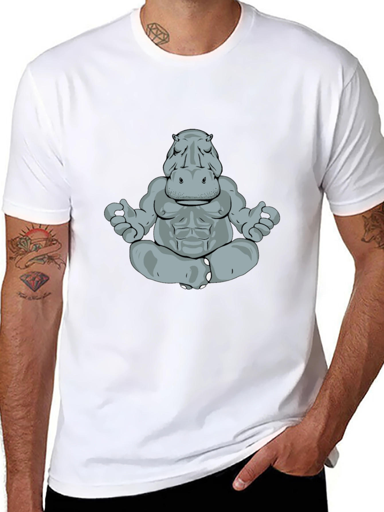 Meditating Hippo Graphic Tee - Black Cotton T-Shirt