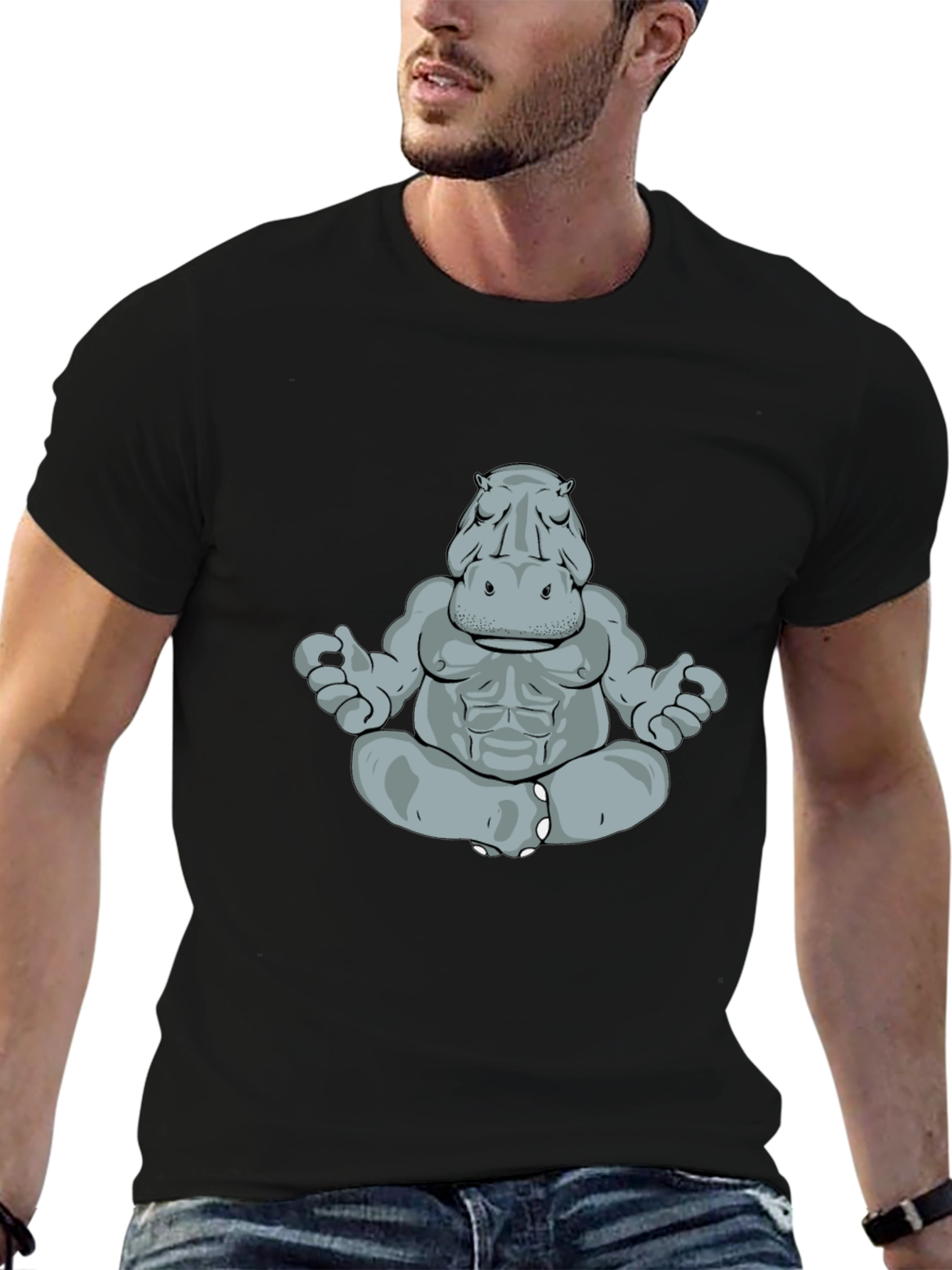 Meditating Hippo Graphic Tee - Black Cotton T-Shirt
