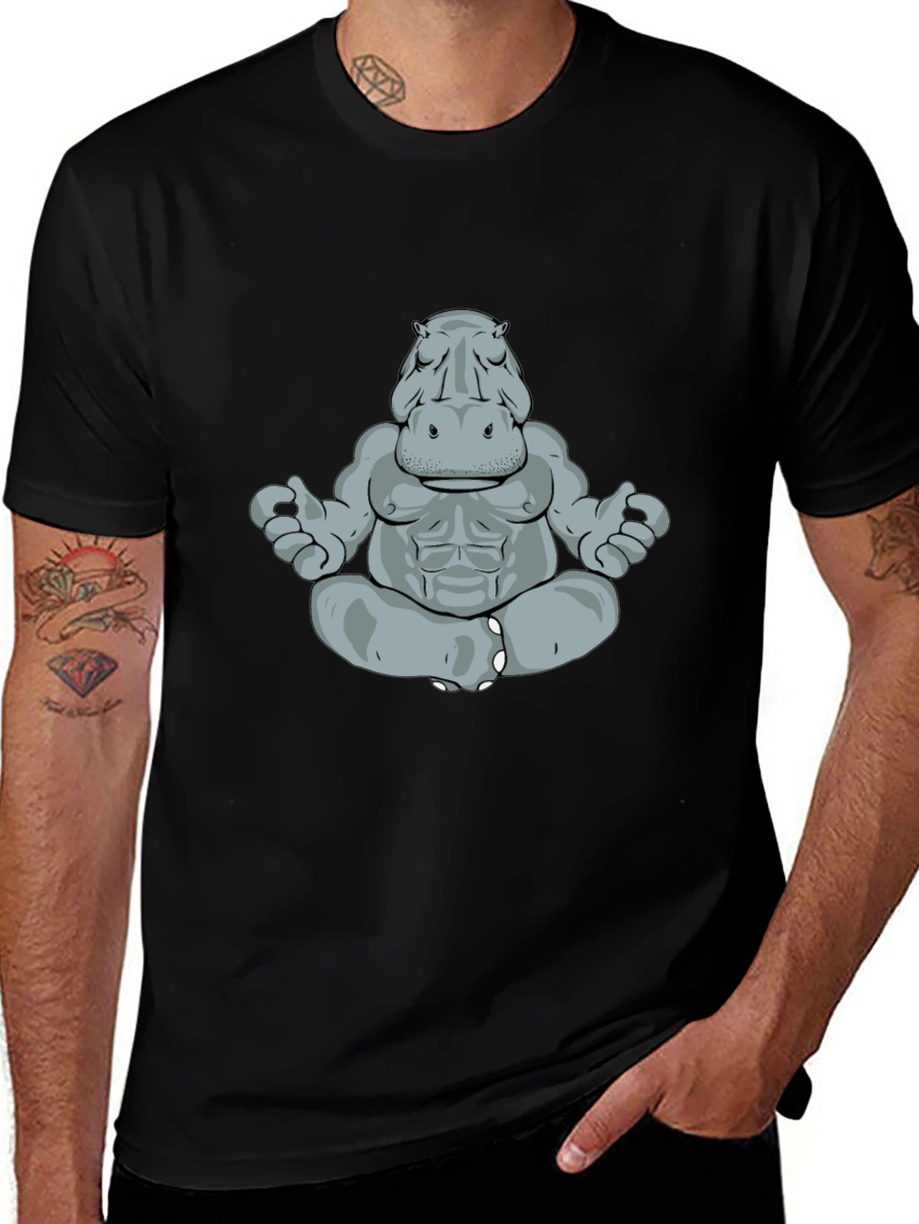 Meditating Hippo Graphic Tee - Black Cotton T-Shirt