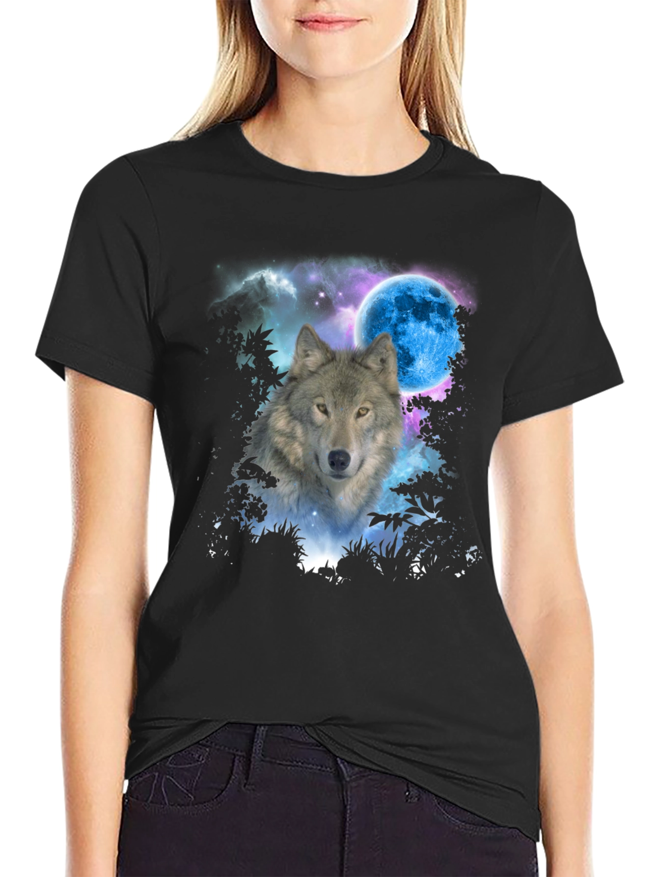 Wolf Moon Graphic Tee - Black Cotton Blend T-Shirt