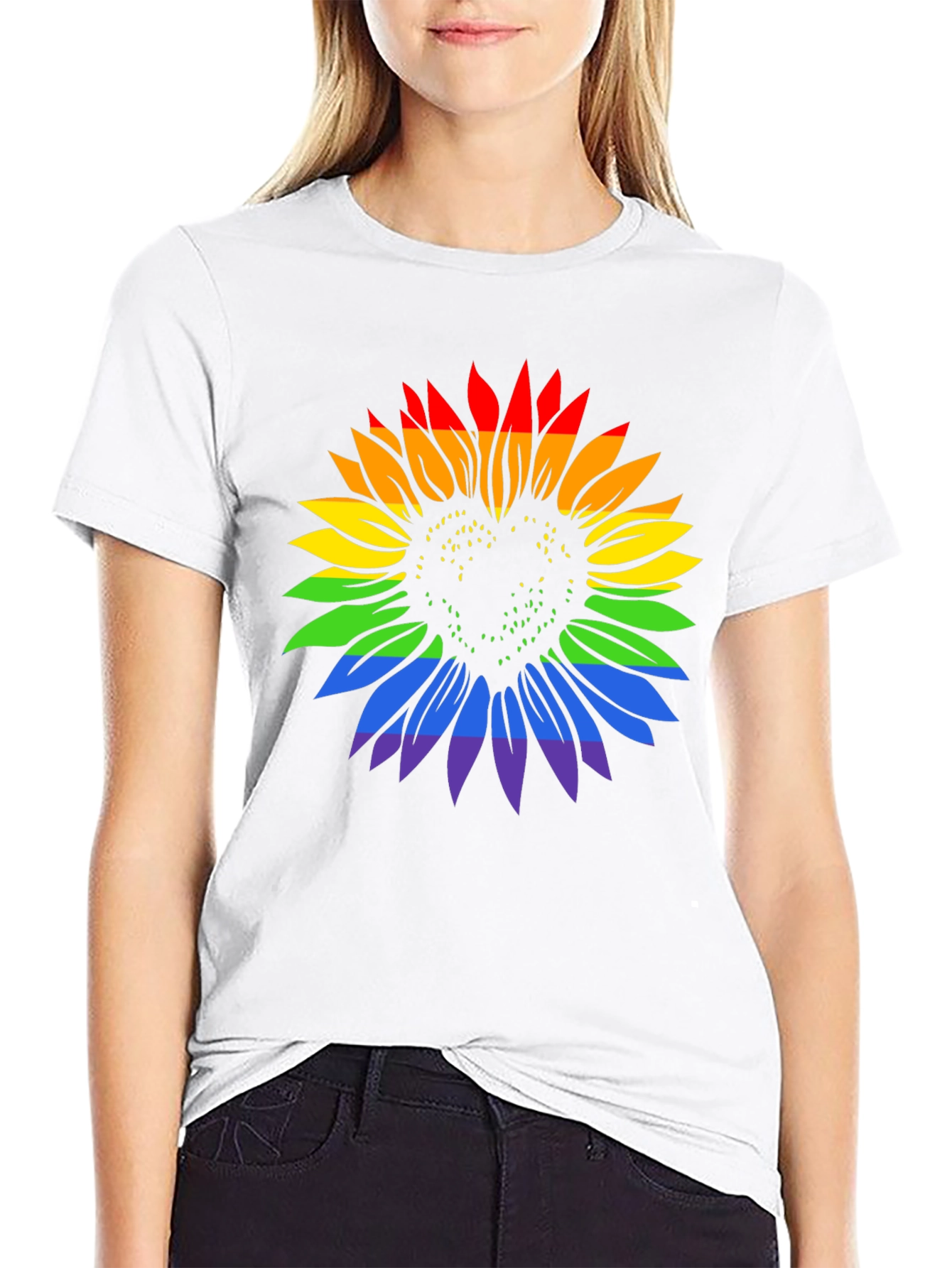 Rainbow Sunflower Heart Graphic Tee