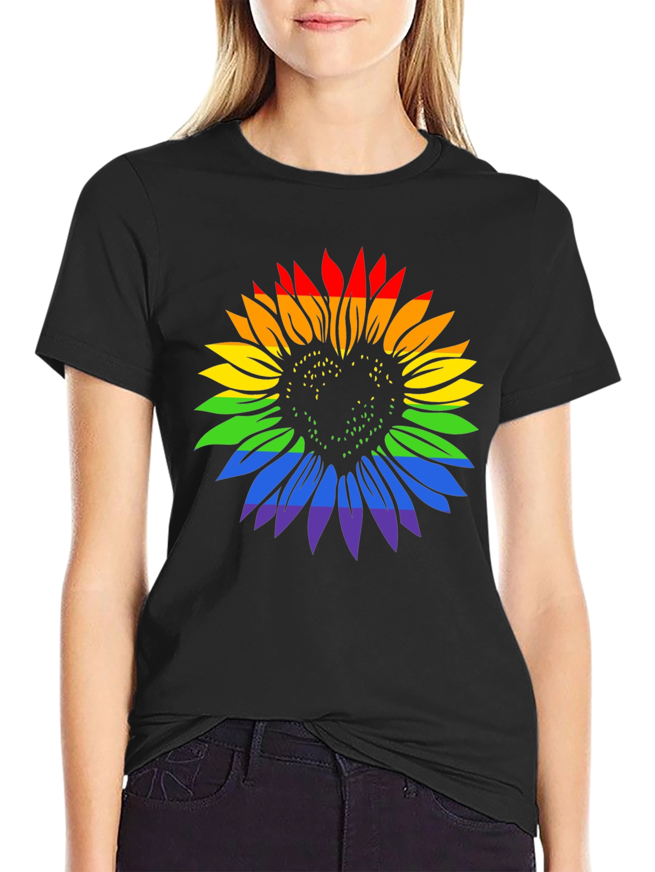 Rainbow Sunflower Heart Graphic Tee