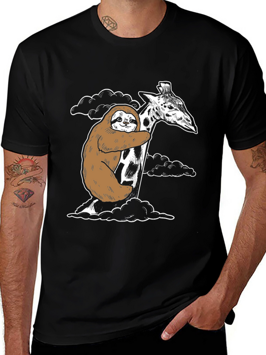 Sloth Hugging Giraffe Graphic Tee - Cute Animal Shirt