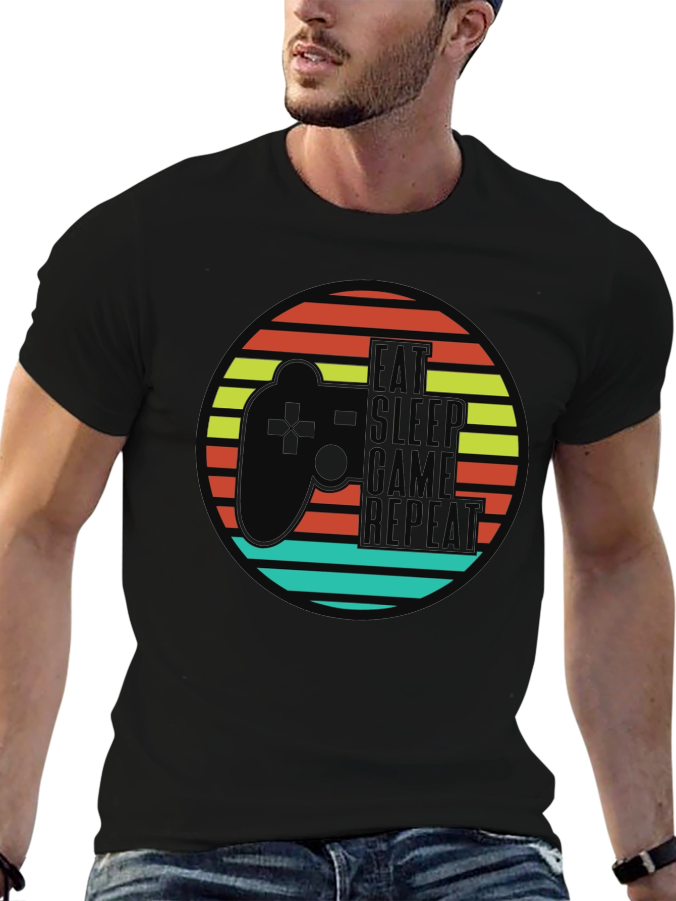 Eat Sleep Game Repeat Black Graphic T-Shirt