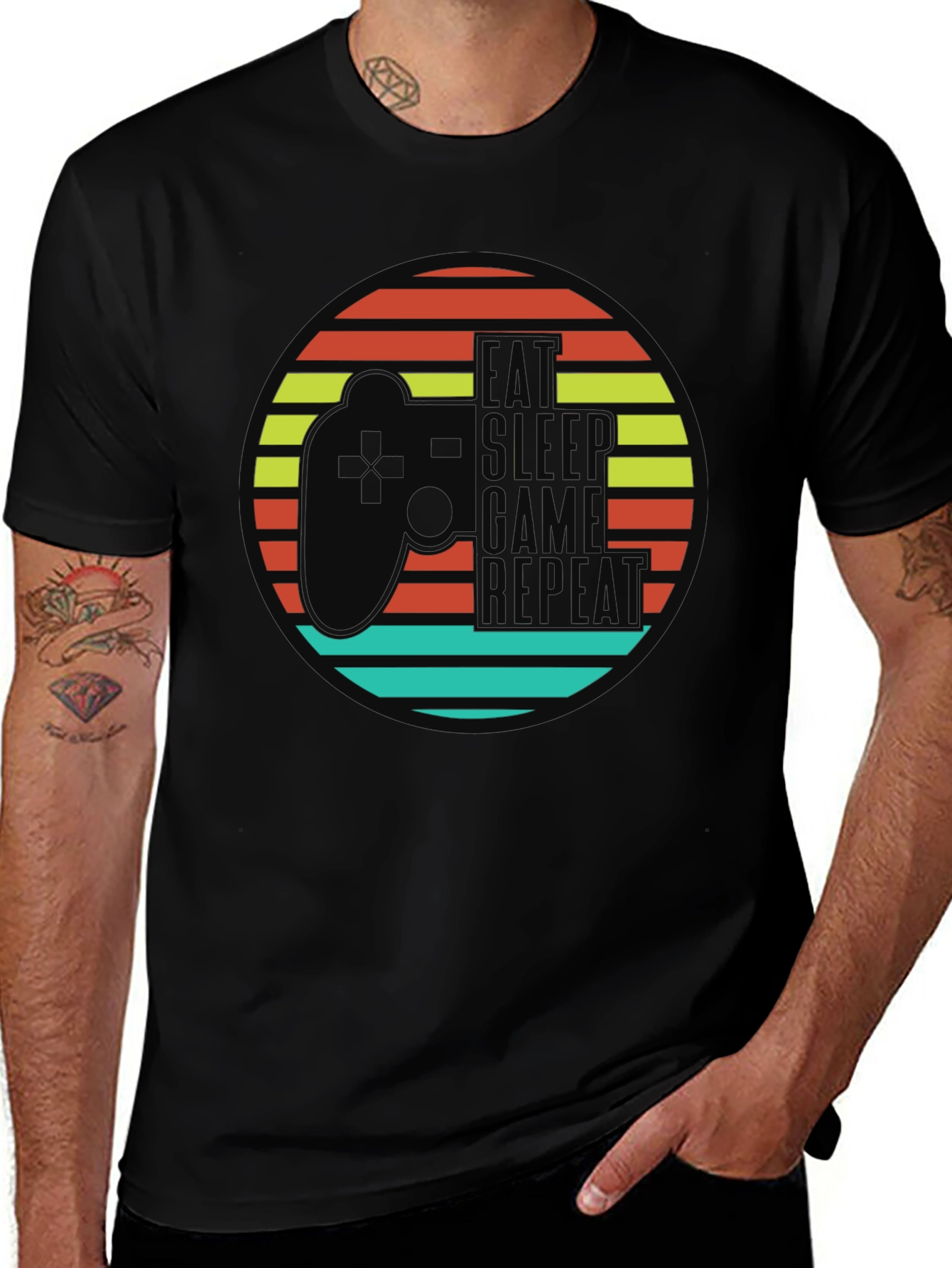 Eat Sleep Game Repeat Black Graphic T-Shirt