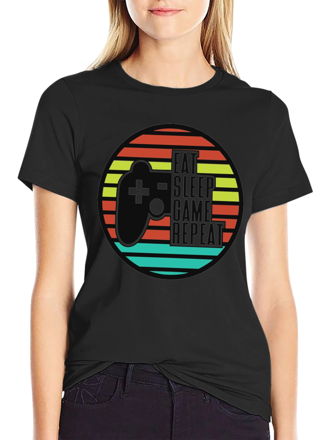 Eat Sleep Game Repeat Black Graphic T-Shirt