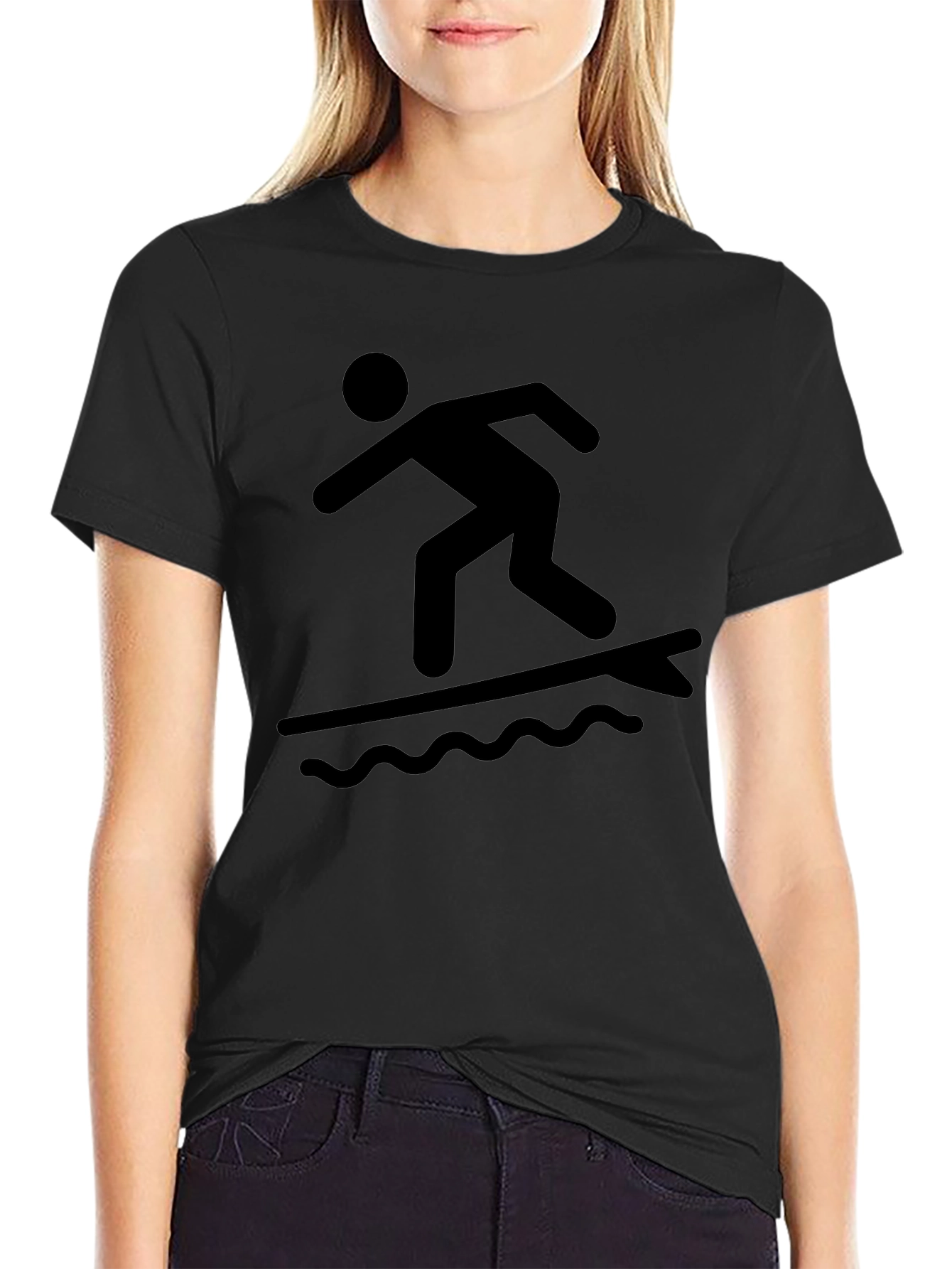Surfing Stick Figure Black Tee