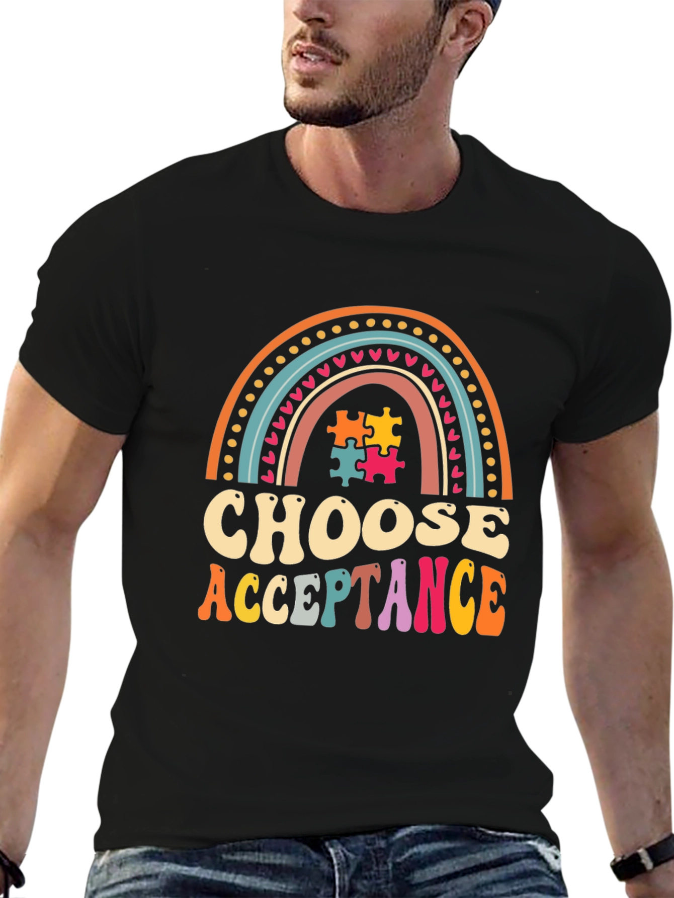 Choose Acceptance T-Shirt - Autism Awareness Rainbow Puzzle