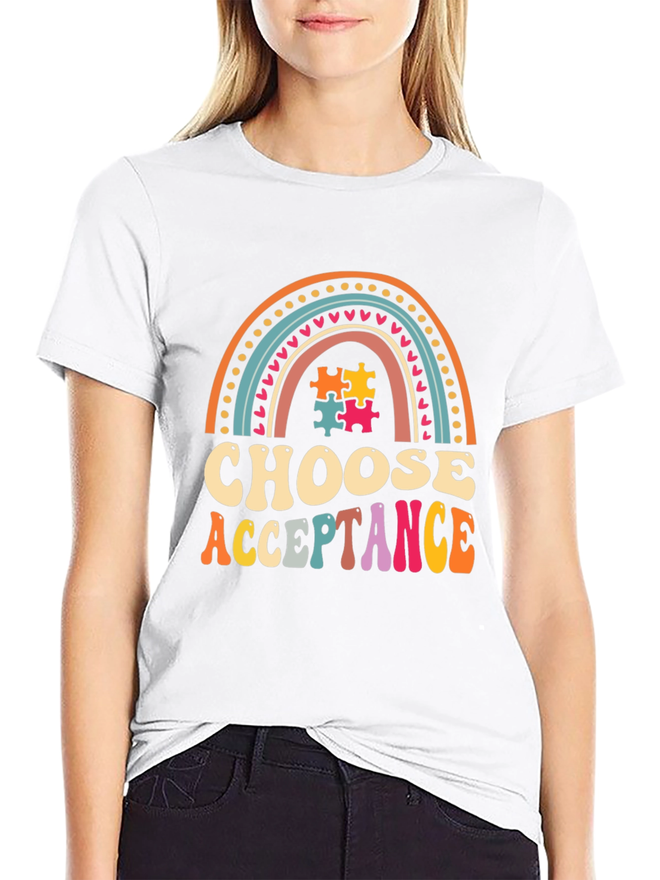 Choose Acceptance T-Shirt - Autism Awareness Rainbow Puzzle