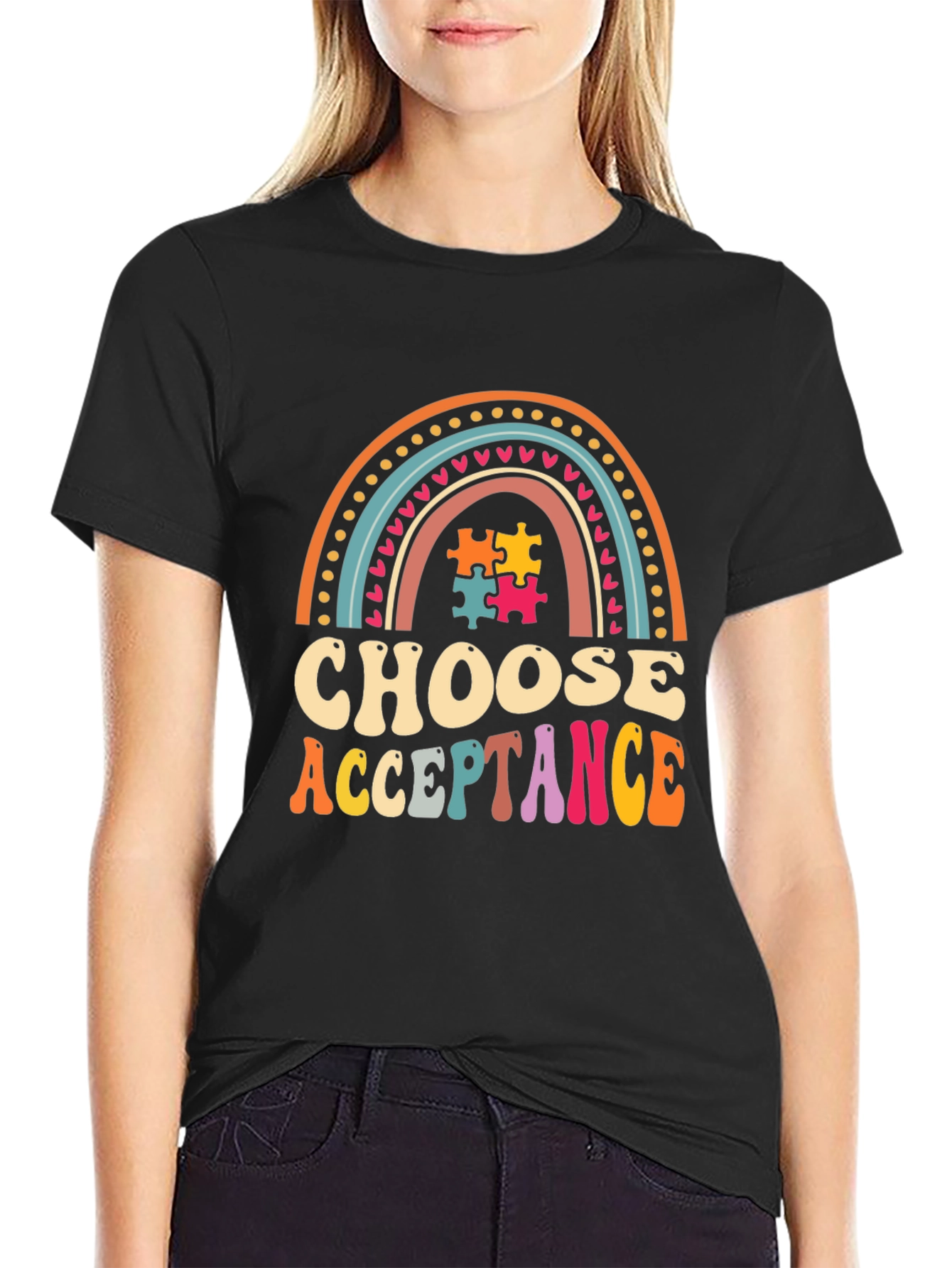 Choose Acceptance T-Shirt - Autism Awareness Rainbow Puzzle