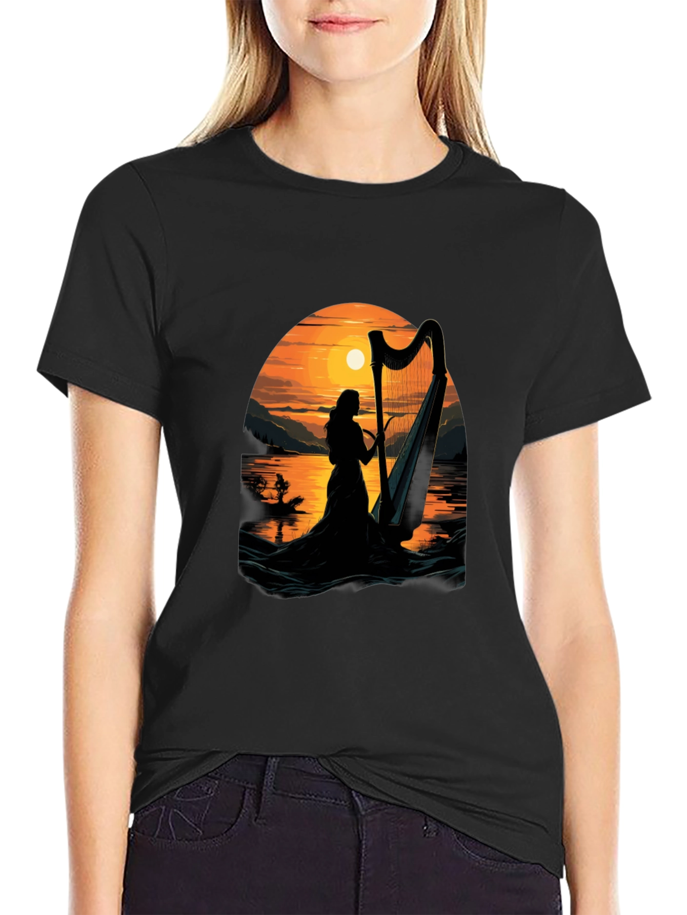 Harp Sunset T-Shirt - Musical Silhouette Tee