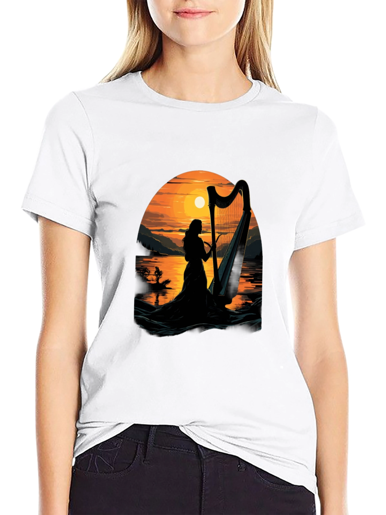 Harp Sunset T-Shirt - Musical Silhouette Tee