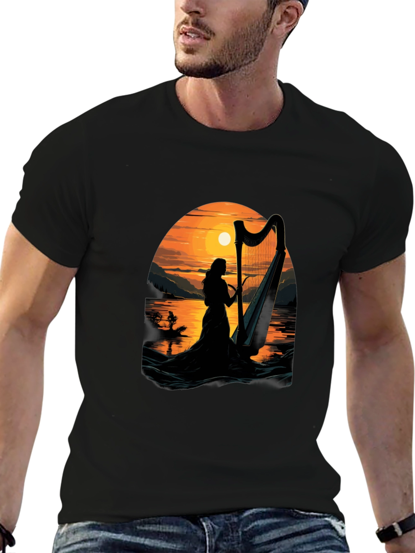 Harp Sunset T-Shirt - Musical Silhouette Tee