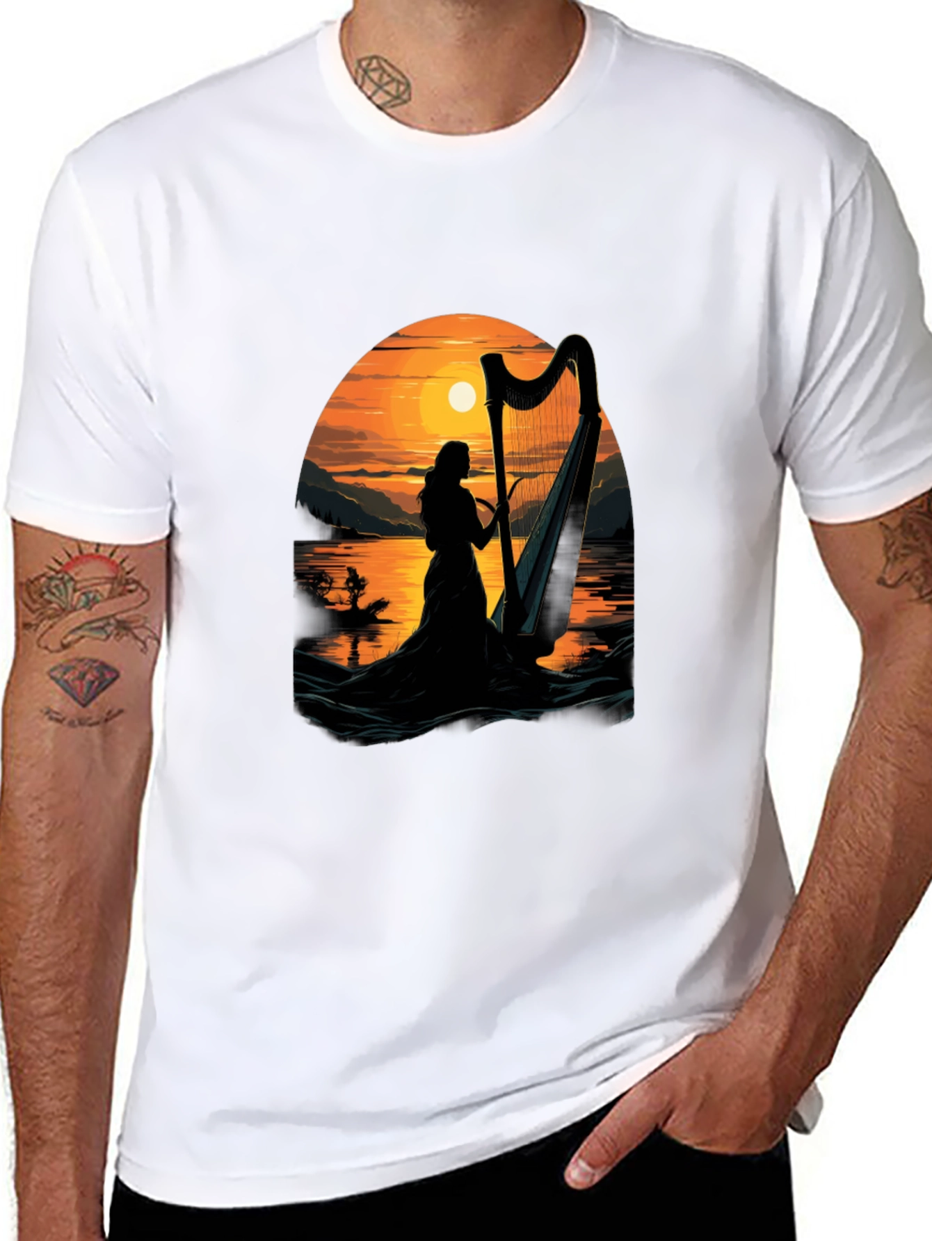 Harp Sunset T-Shirt - Musical Silhouette Tee