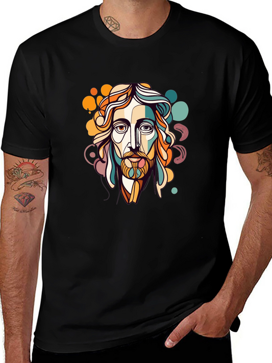 Abstract Jesus Portrait Graphic Tee - Black Cotton Blend