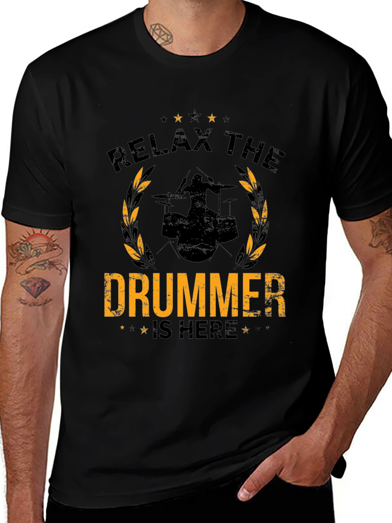 Relax the Drummer is Here Black Graphic Tee