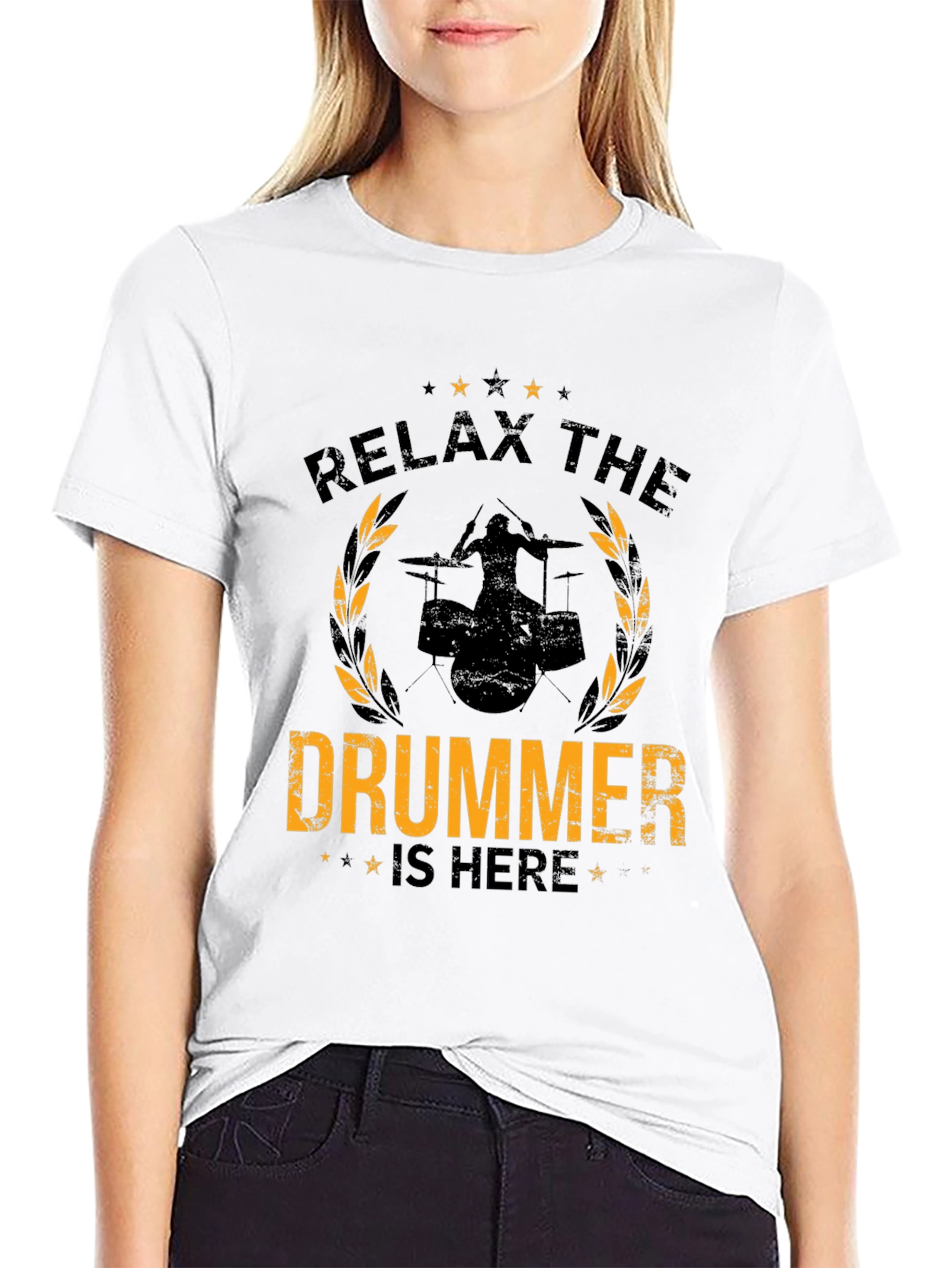 Relax the Drummer is Here Black Graphic Tee