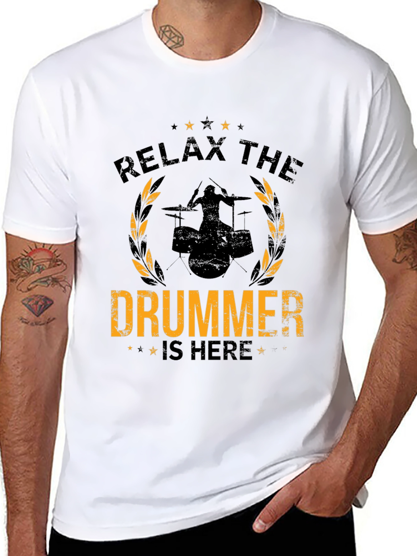 Relax the Drummer is Here Black Graphic Tee