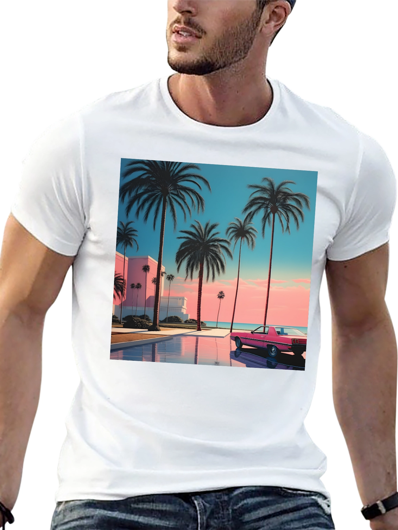 Sunset Palm Tee - Retro Miami Vice Style