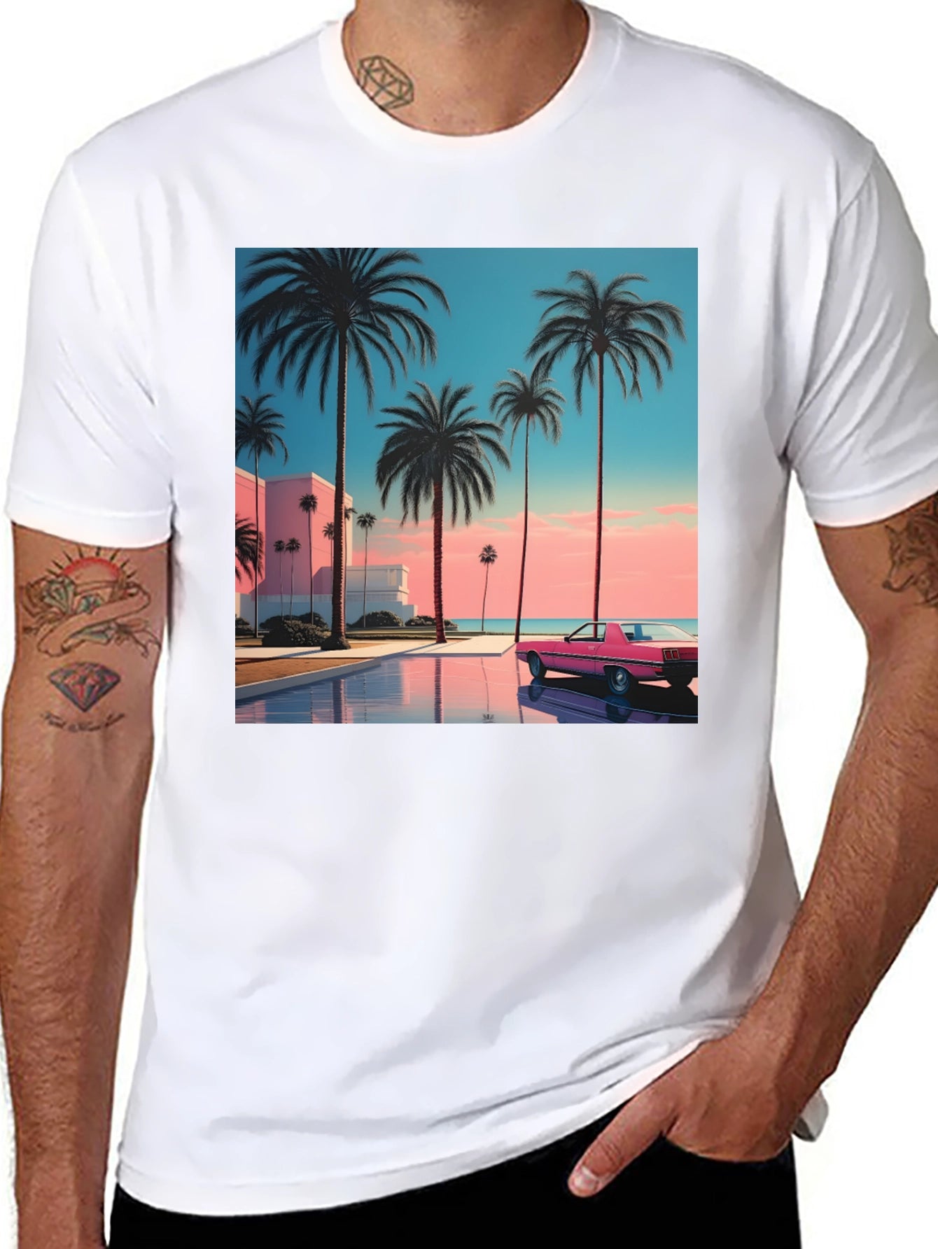 Sunset Palm Tee - Retro Miami Vice Style