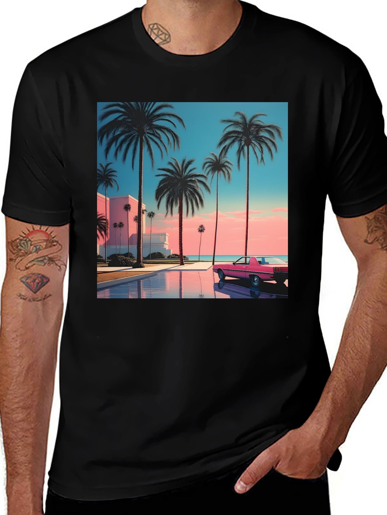 Sunset Palm Tee - Retro Miami Vice Style