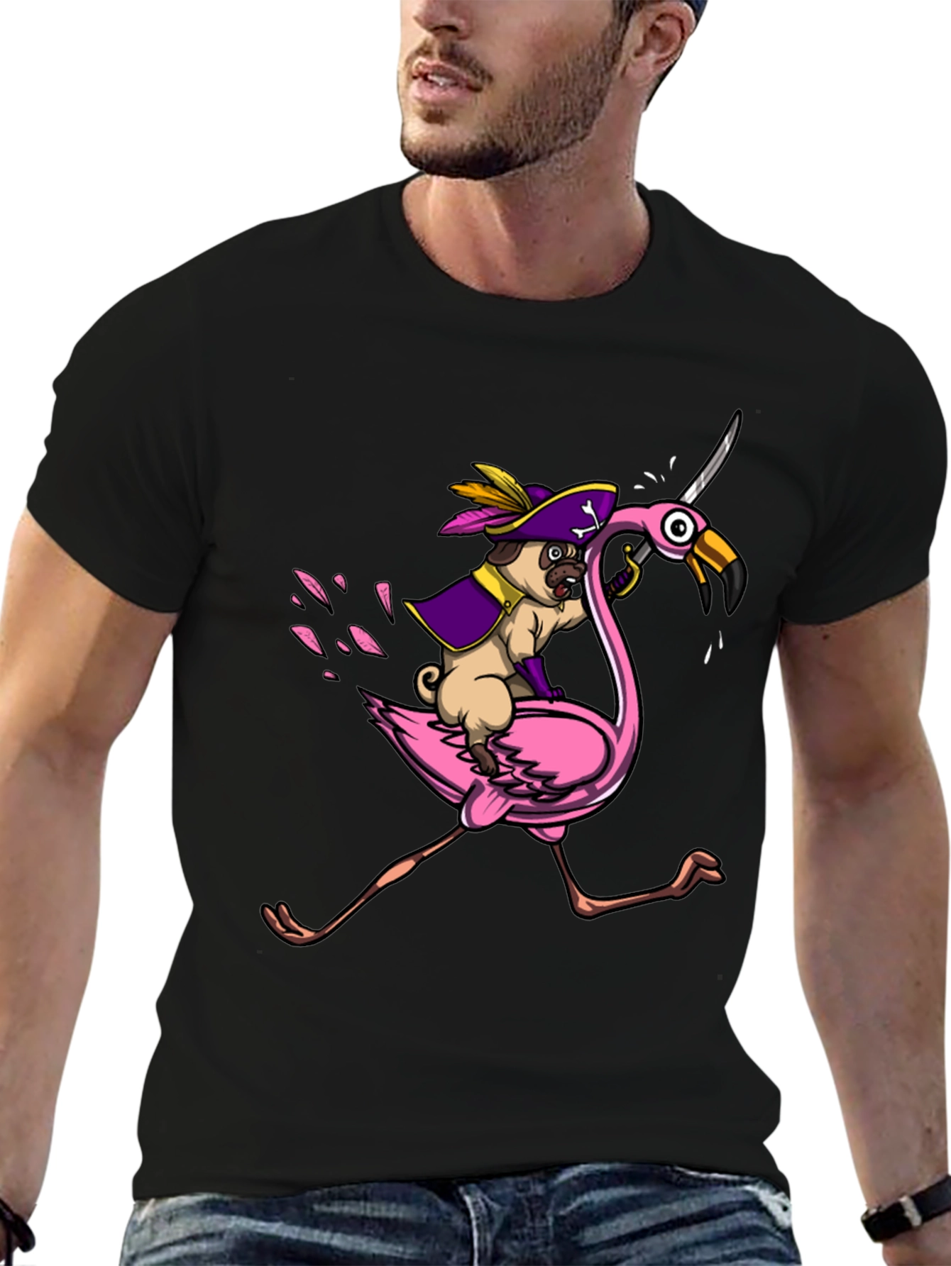Pirate Pug Riding Flamingo T-Shirt