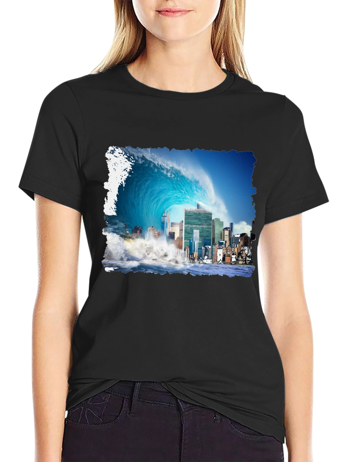 Tsunami Cityscape Graphic Tee - Black Cotton T-Shirt