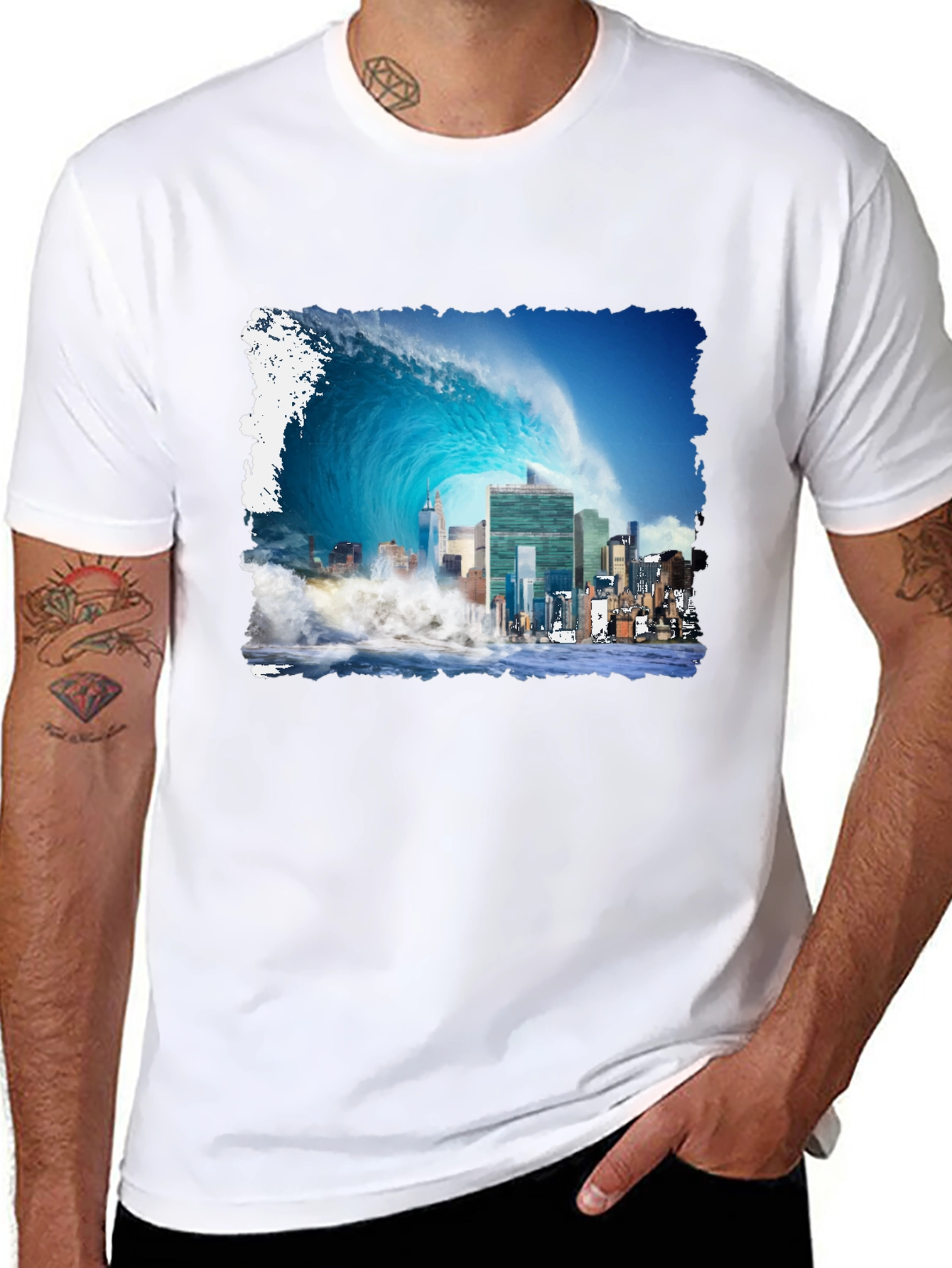 Tsunami Cityscape Graphic Tee - Black Cotton T-Shirt