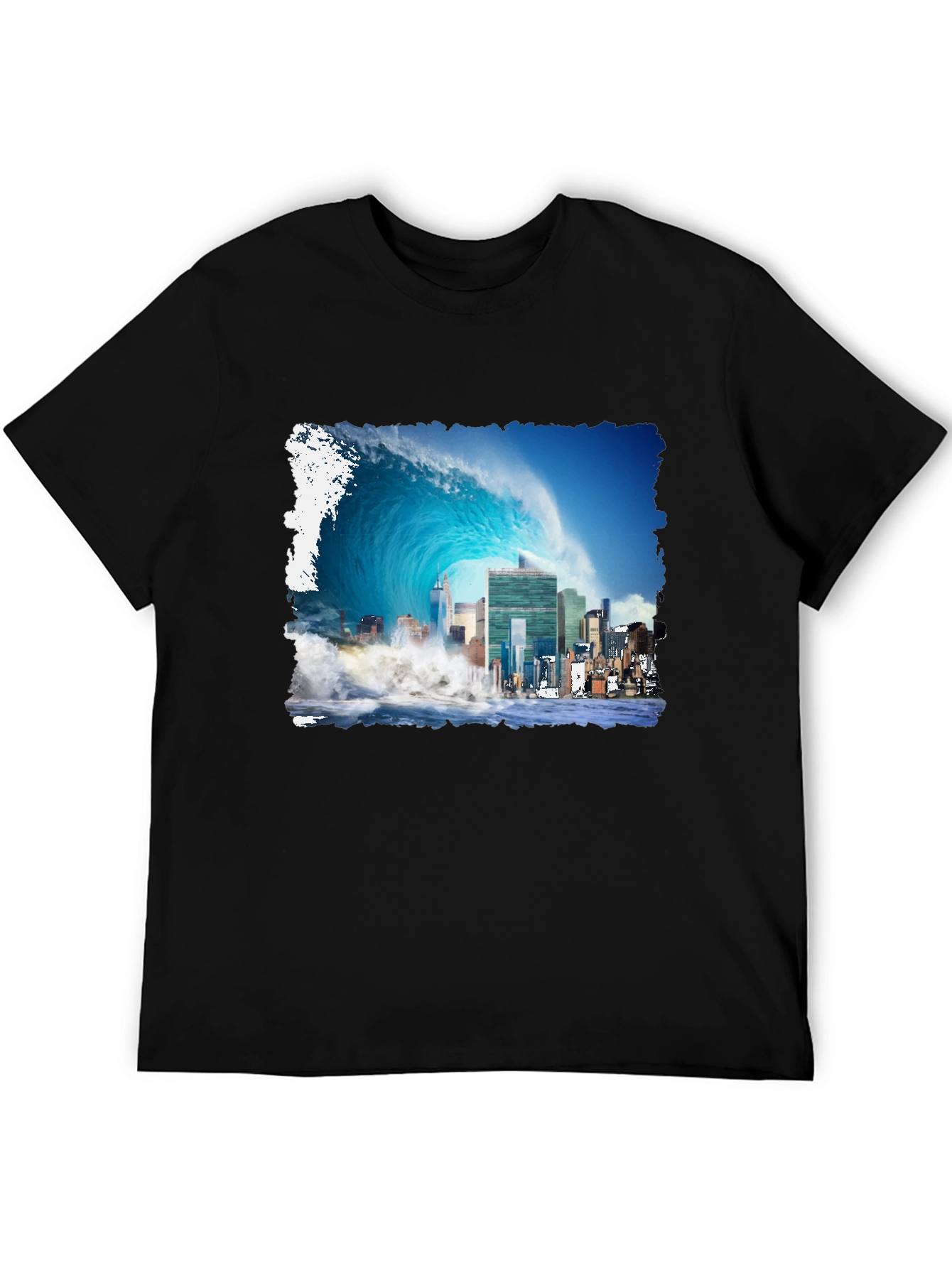 Tsunami Cityscape Graphic Tee - Black Cotton T-Shirt