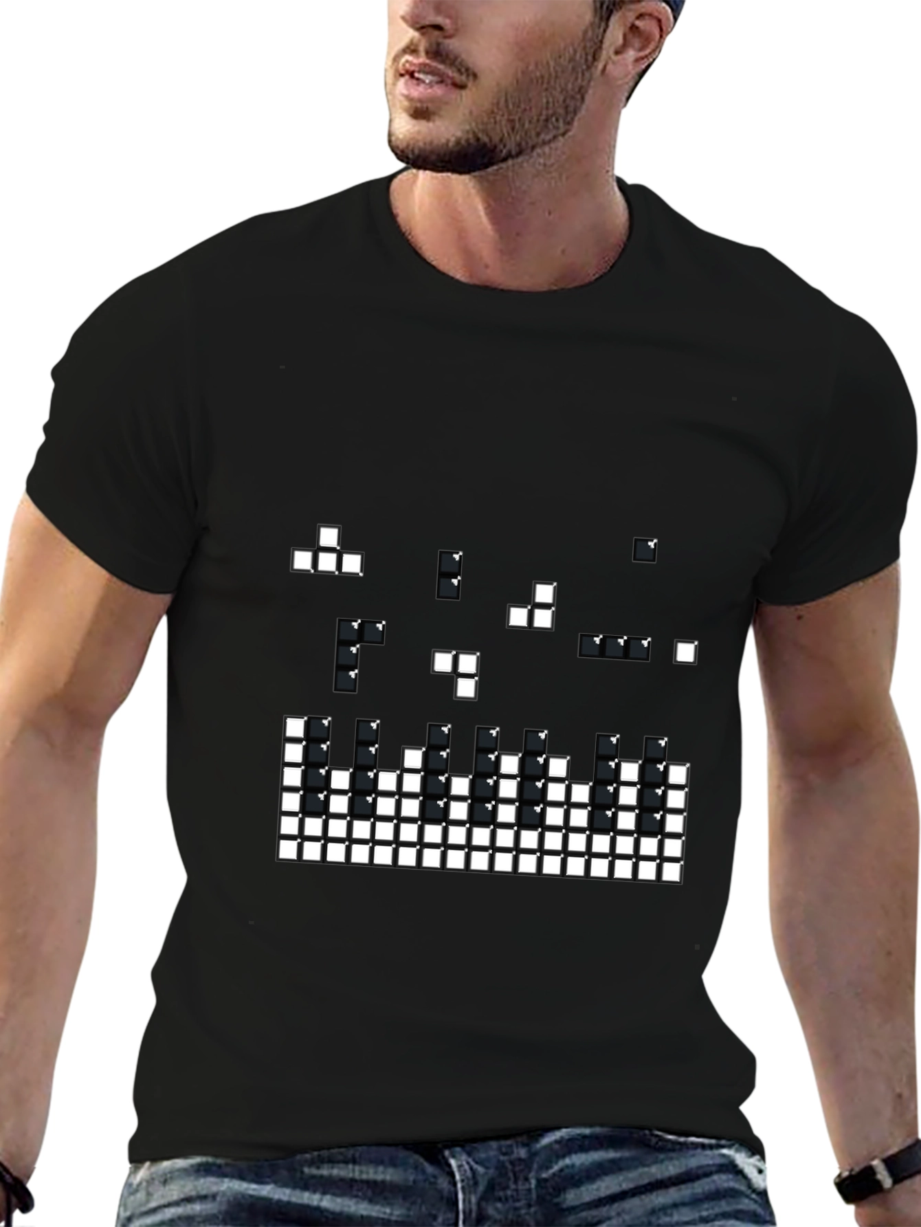 Tetris Pixel Art Black T-Shirt