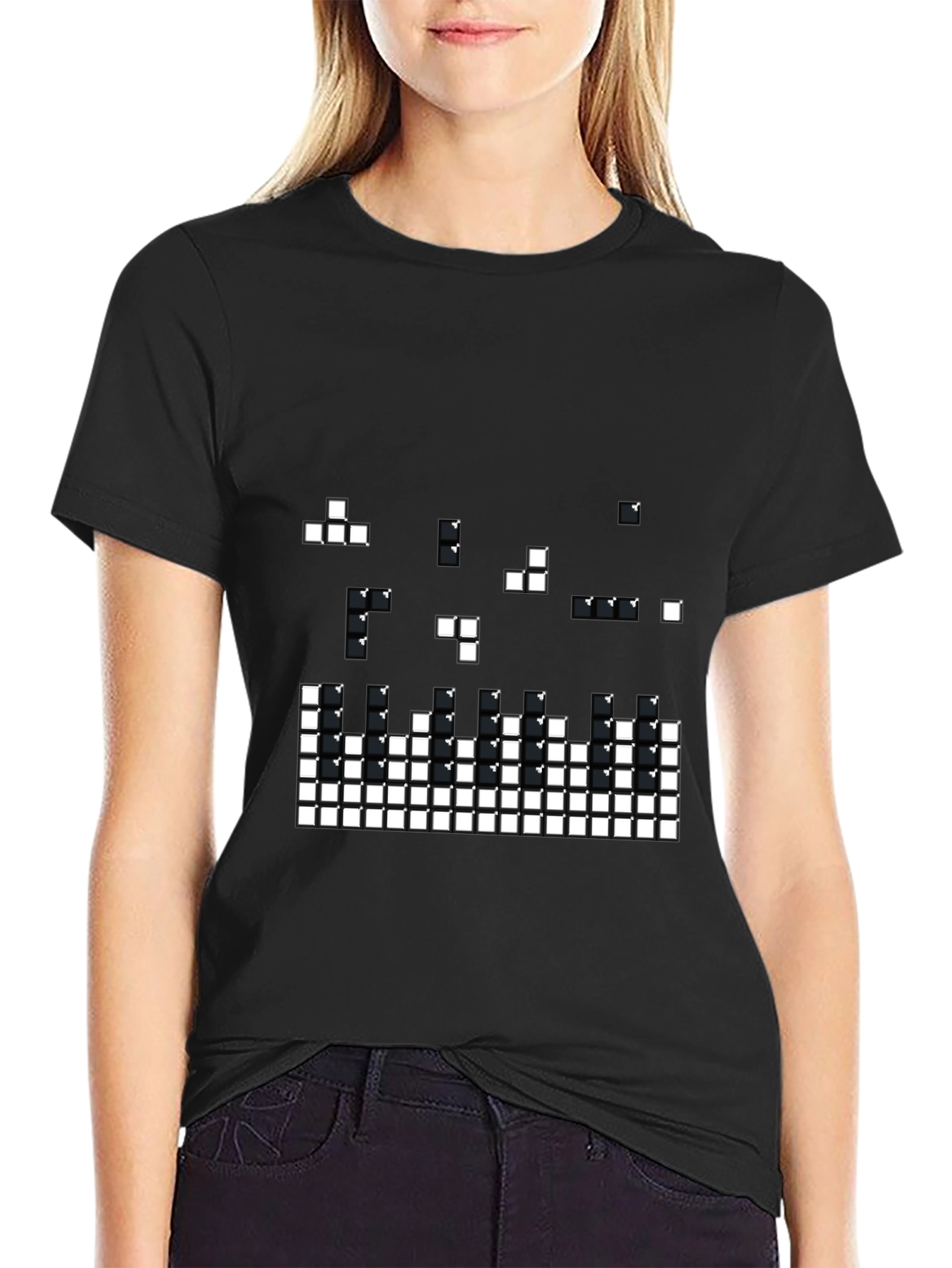 Tetris Pixel Art Black T-Shirt