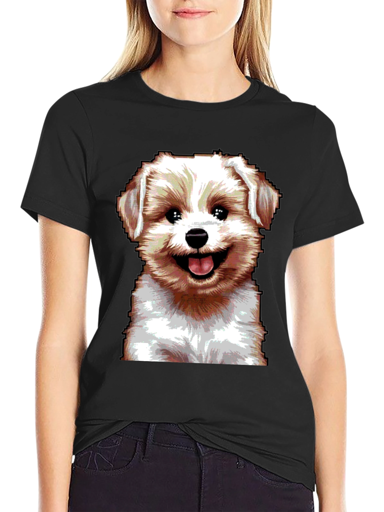 Cute Dog Graphic Tee - Black Cotton Blend