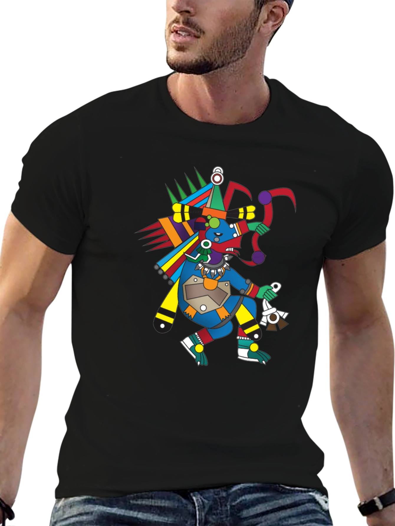 Aztec Warrior Graphic T-Shirt - Black Cotton Tee
