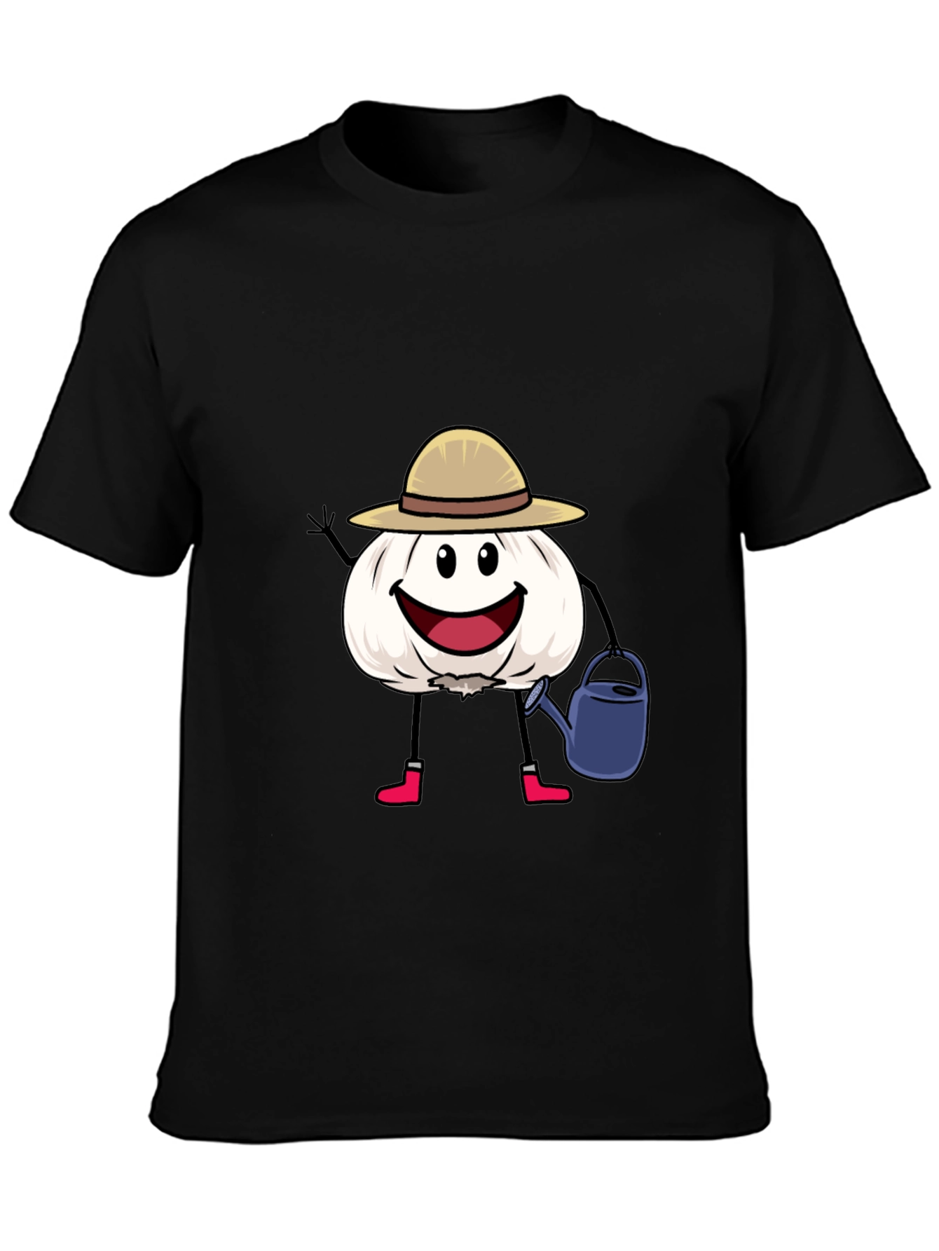 Cartoon Garlic Gardener Black T-Shirt