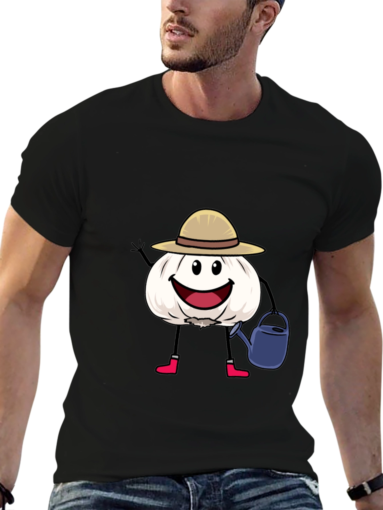 Cartoon Garlic Gardener Black T-Shirt