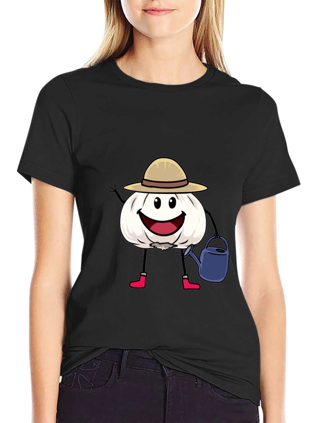 Cartoon Garlic Gardener Black T-Shirt