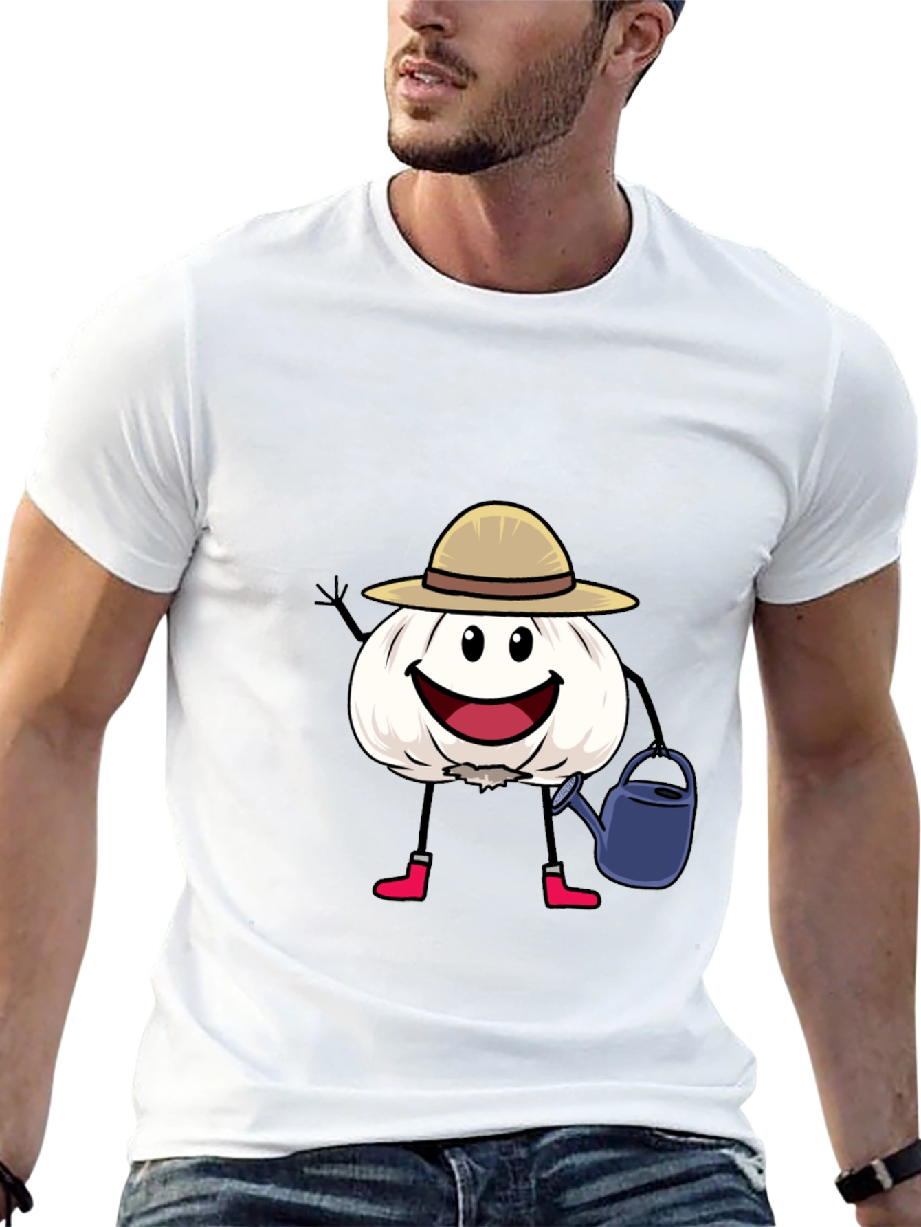 Cartoon Garlic Gardener Black T-Shirt